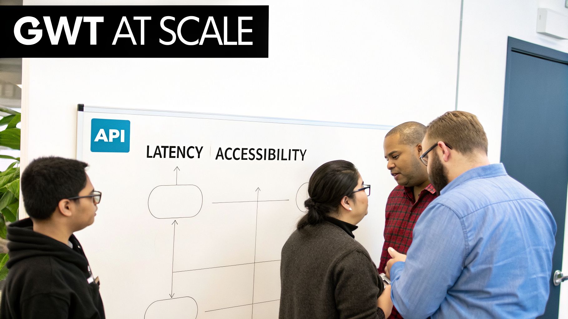 Group of diverse professionals collaborating on API architecture, latency, and accessibility concepts at a meeting.