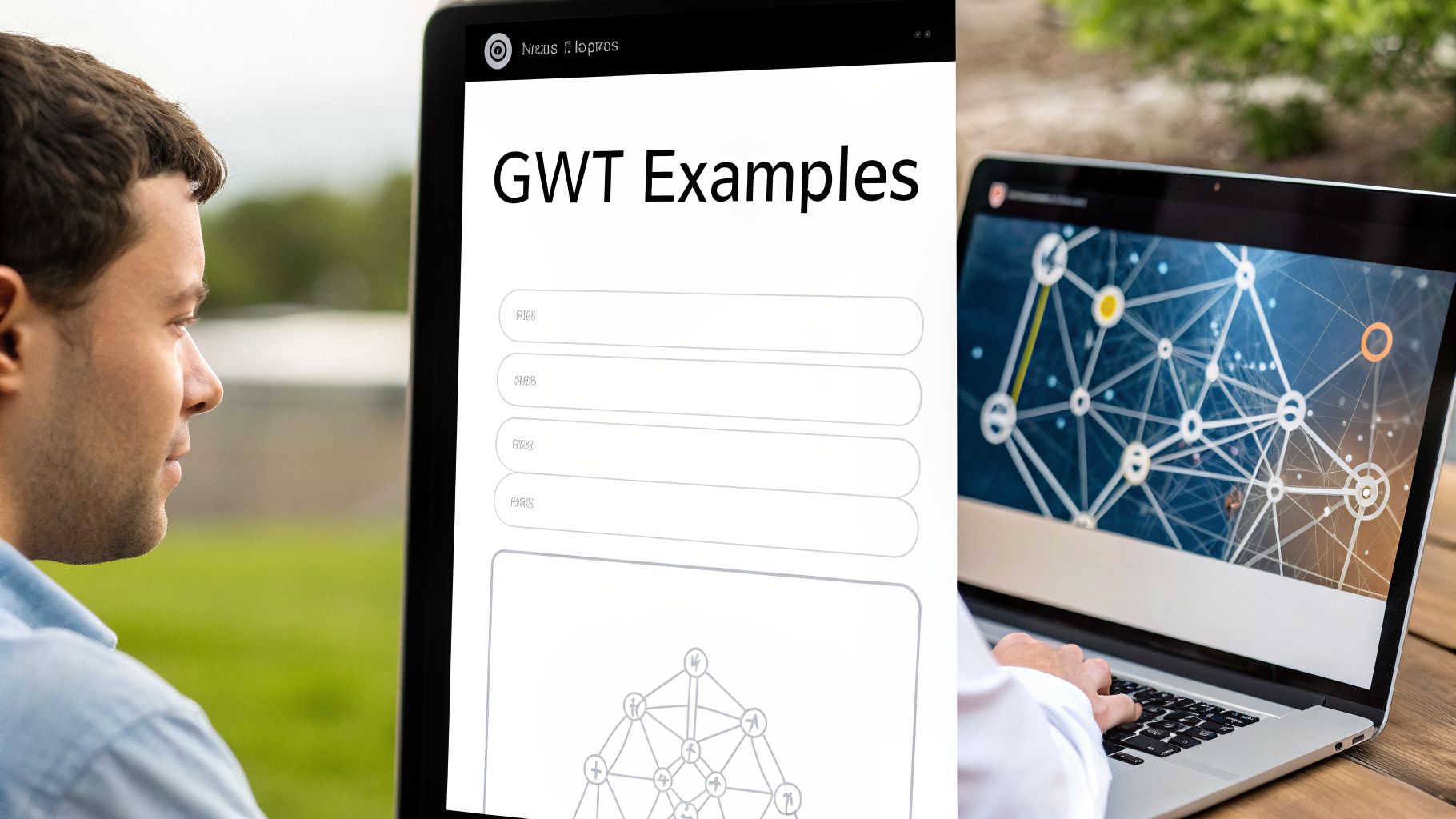 A man looking at a screen displaying GWT Examples, next to a person typing on a laptop showing a network graph.