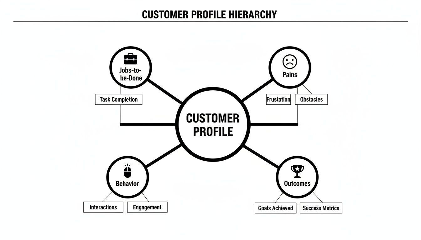 Diagram showing customer profile hierarchy with jobs, pains, behavior, and outcomes, and their sub-elements.