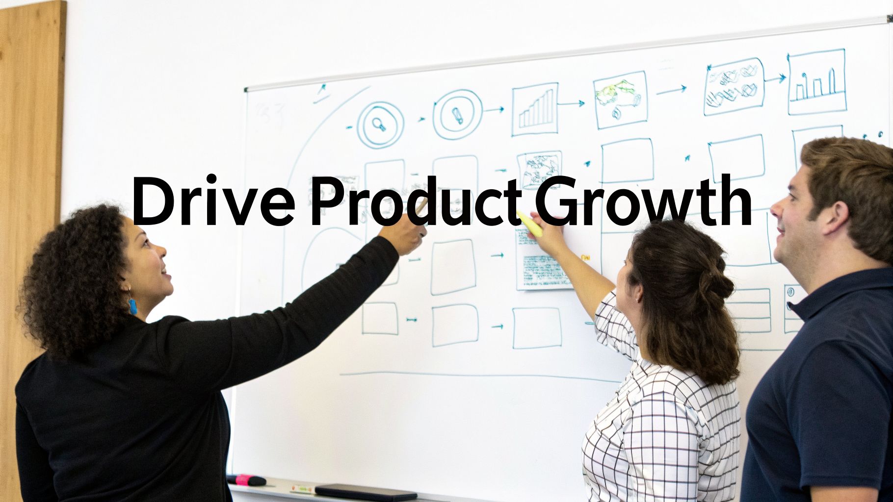 Three people collaborating on a whiteboard with diagrams to drive product growth strategy.