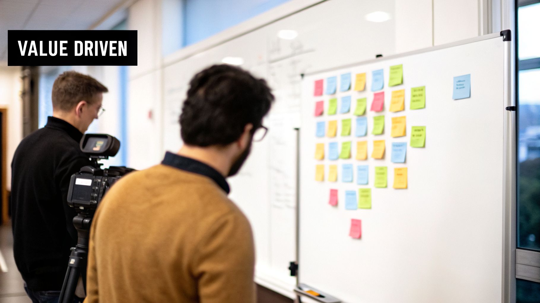 Two men, one filming, analyze a whiteboard with colorful sticky notes, demonstrating value-driven agile project planning.