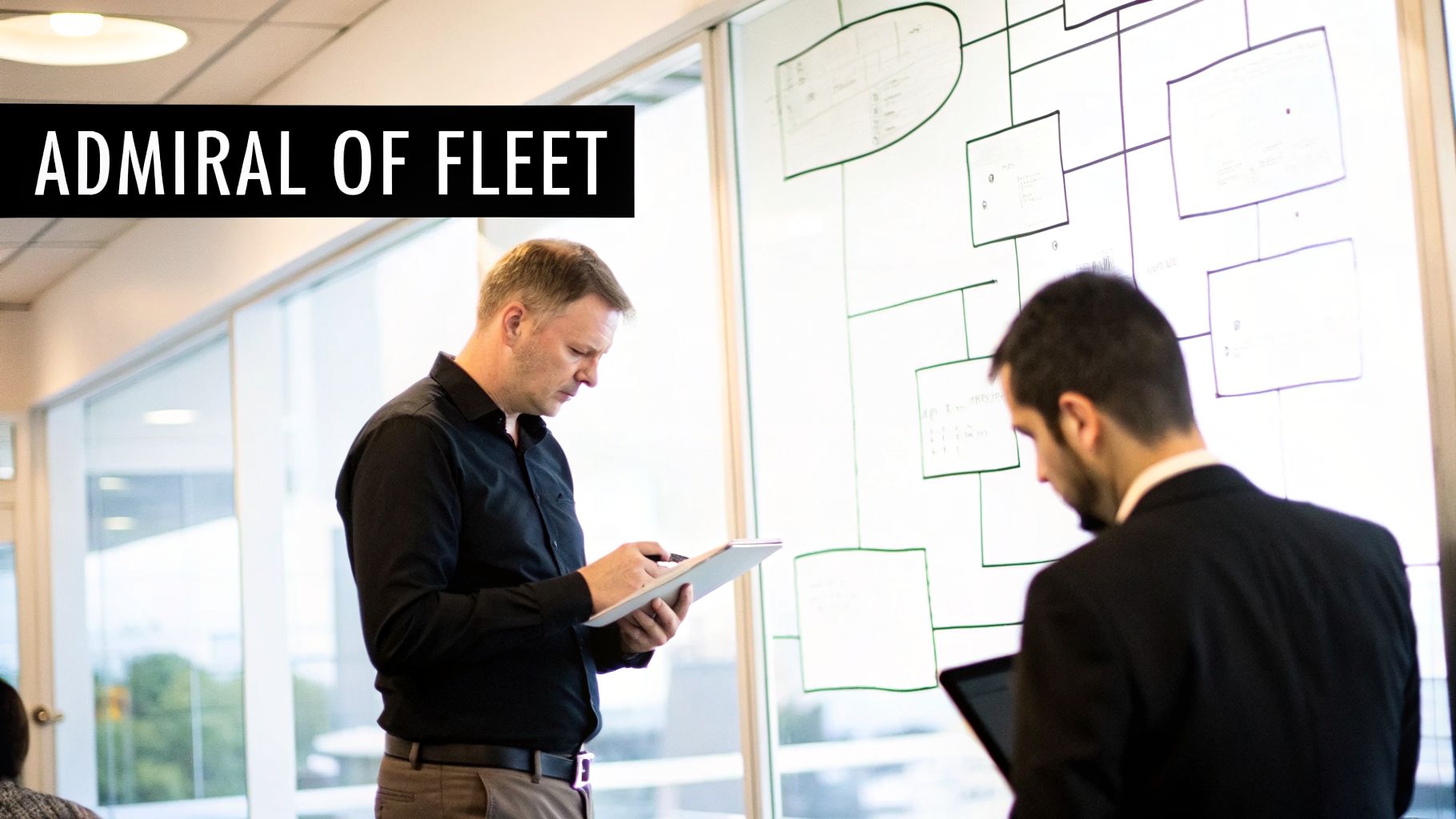 Two businessmen in an office, one reviewing a tablet, the other looking at a whiteboard diagram.