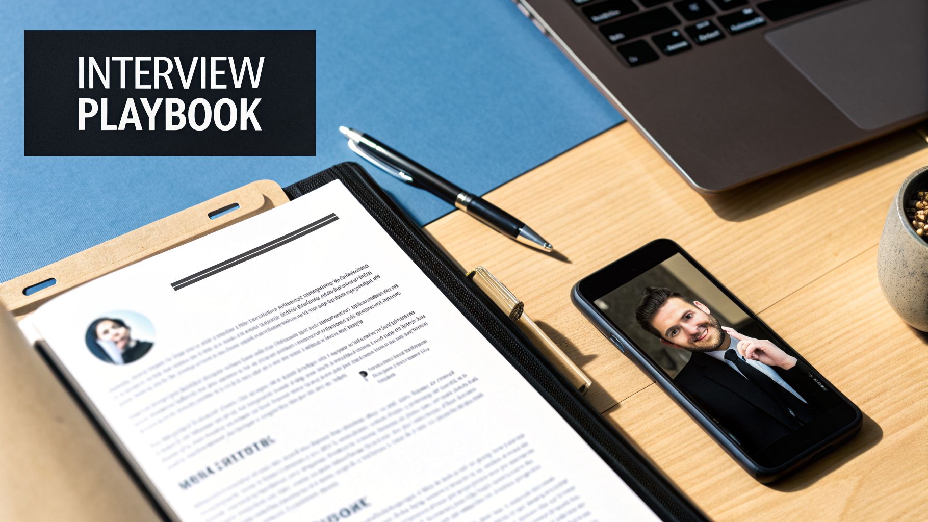 A flat lay of a desk with an 'Interview Playbook' title, resume, pen, laptop, and smartphone.