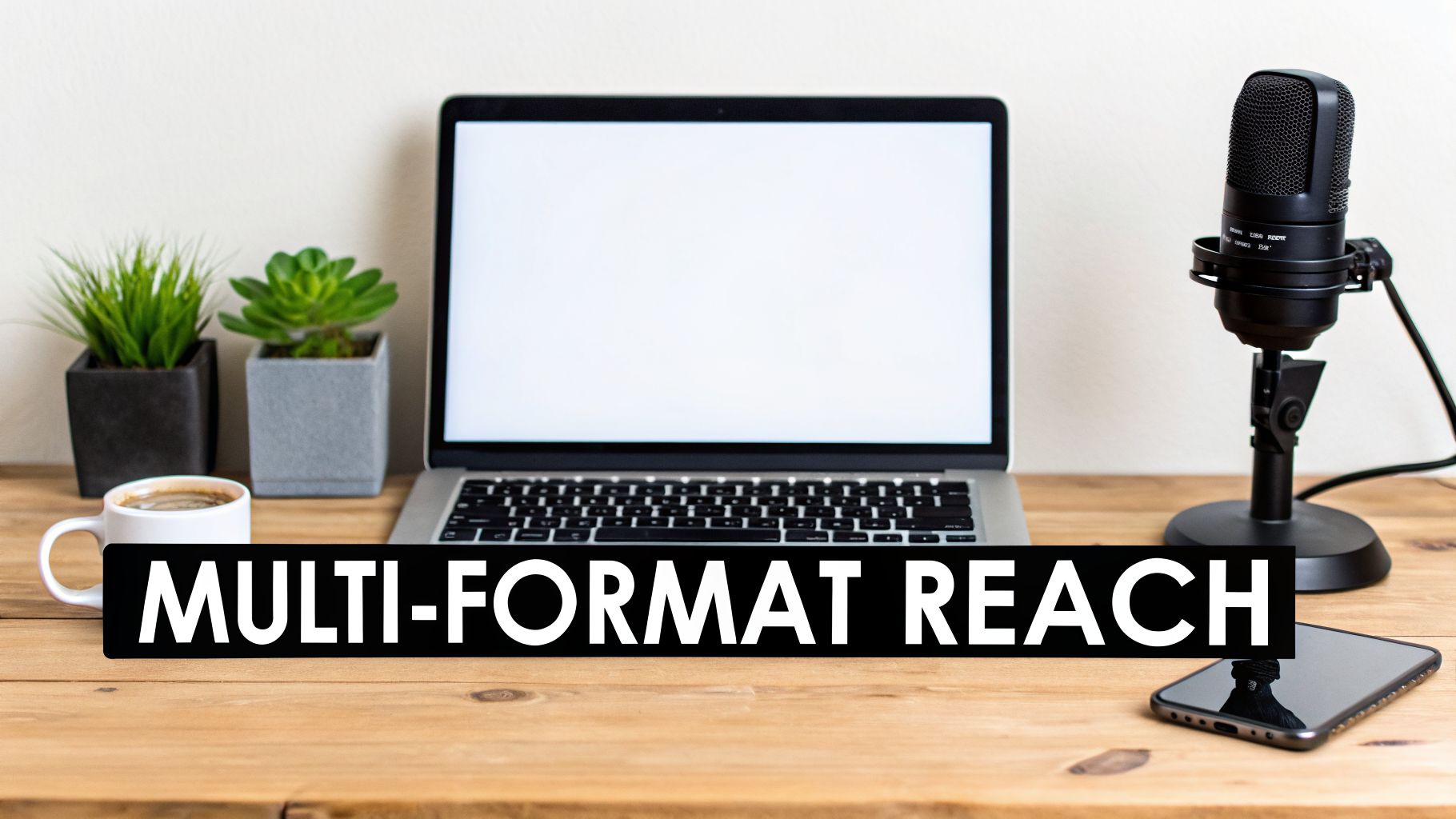 A modern desk setup with a laptop, microphone, coffee, plants, and smartphone for multi-format content.