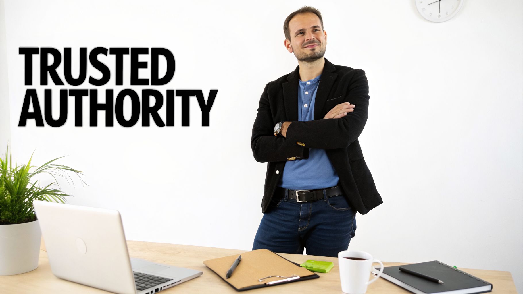 A smiling man stands in an office with 'TRUSTED AUTHORITY' text on the wall.