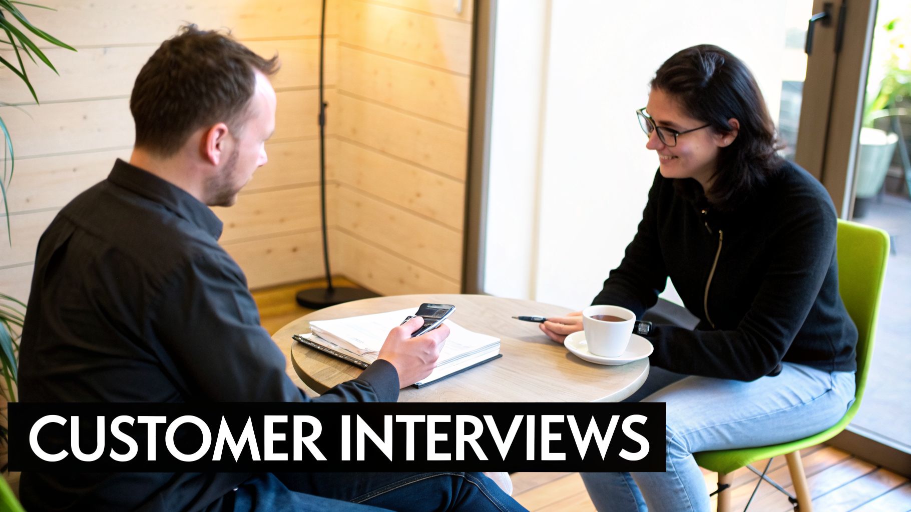 Two people conducting a customer interview at a cafe, discussing feedback and taking notes.