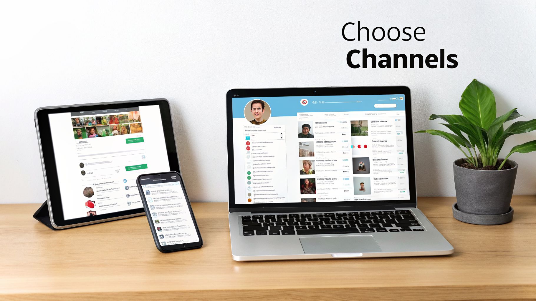 Laptop, tablet, and smartphone displaying content channels on a wooden desk with a plant.