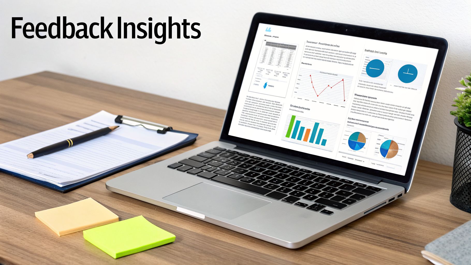 A laptop displays feedback insights, charts, and graphs on a wooden desk with a clipboard and sticky notes.