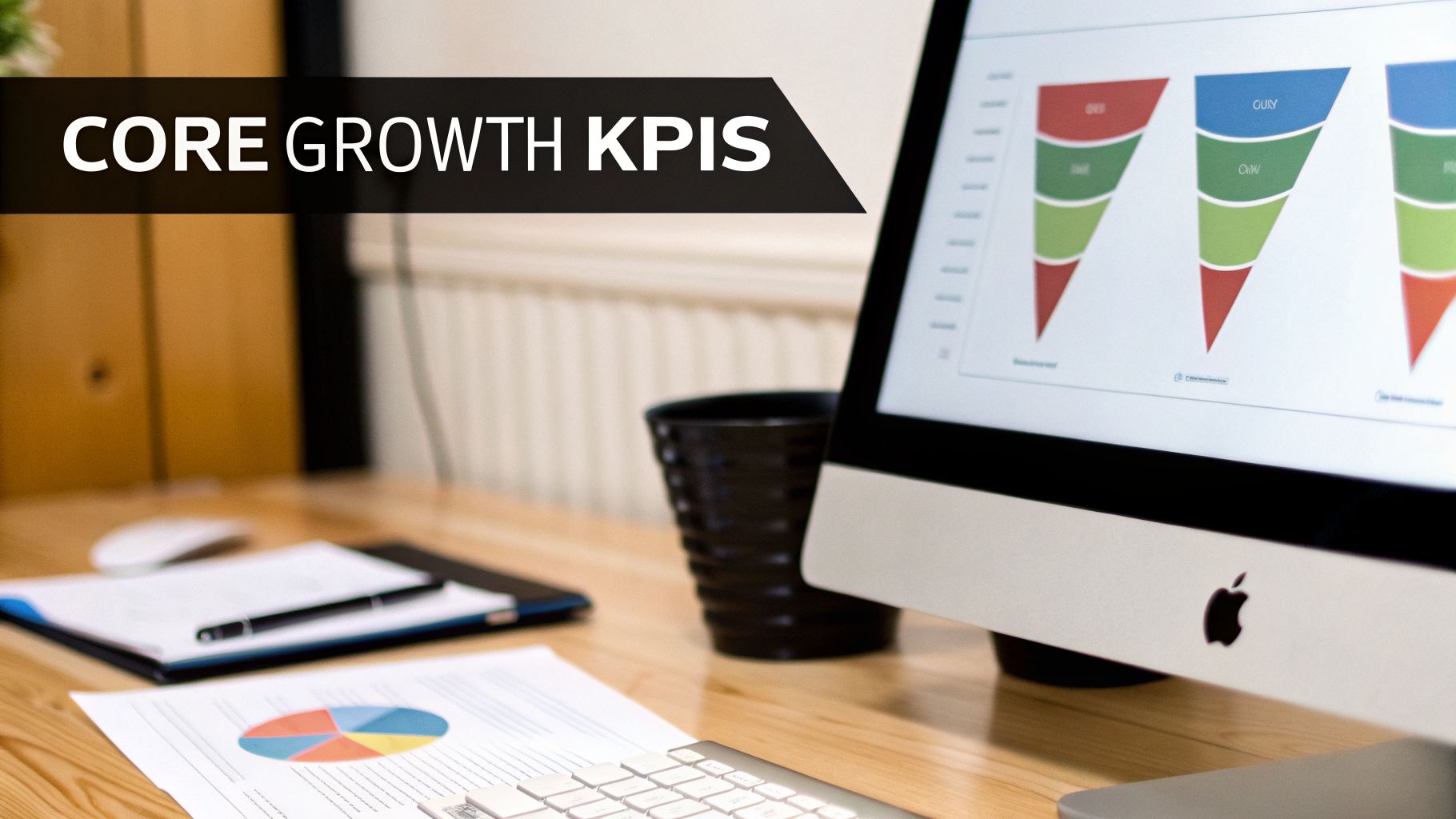 A modern desk with an Apple iMac displaying growth KPIs charts, documents, a keyboard, and mouse.
