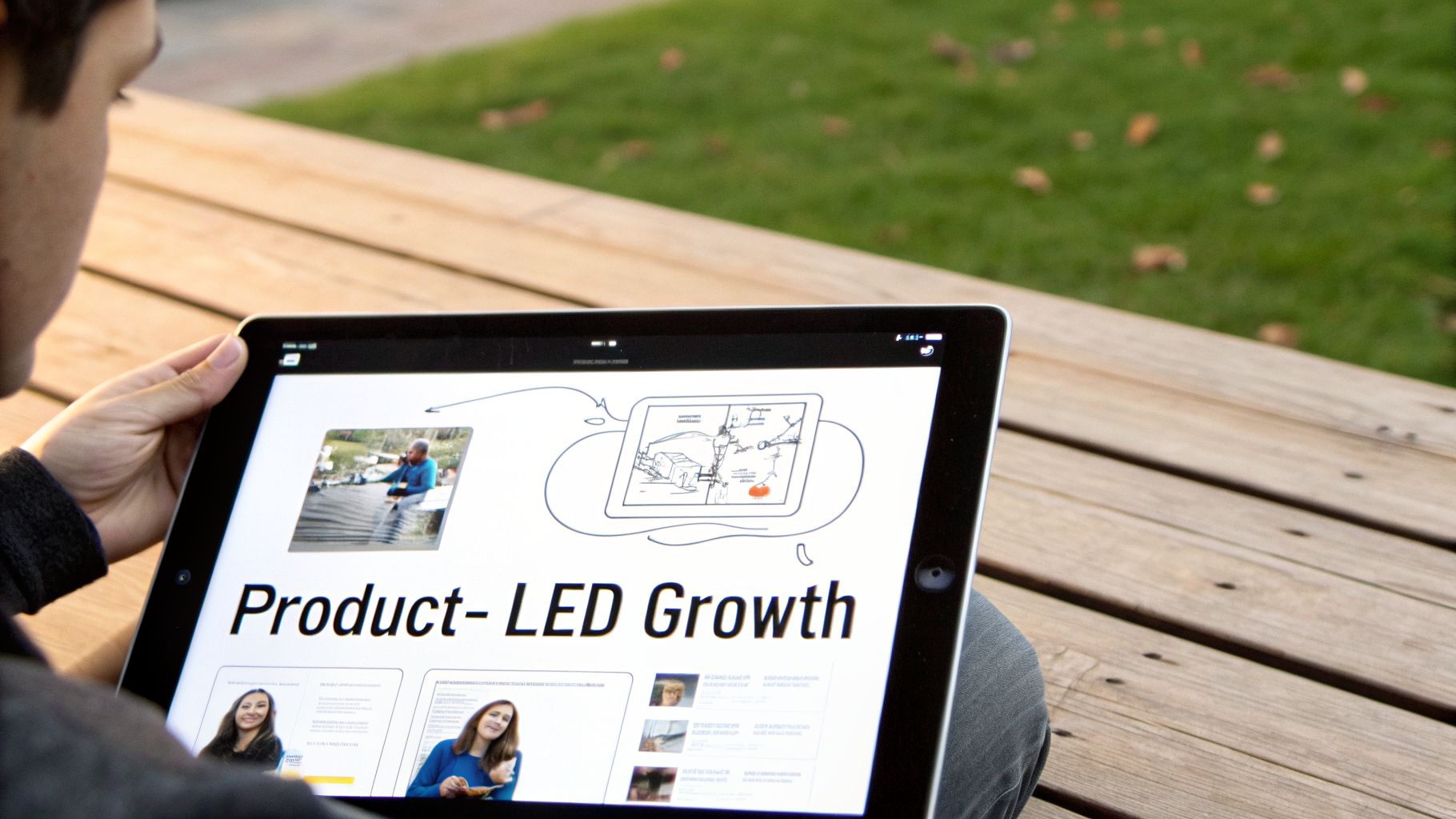 A person holds a tablet displaying a presentation titled 'Product- LED Growth' with various images.