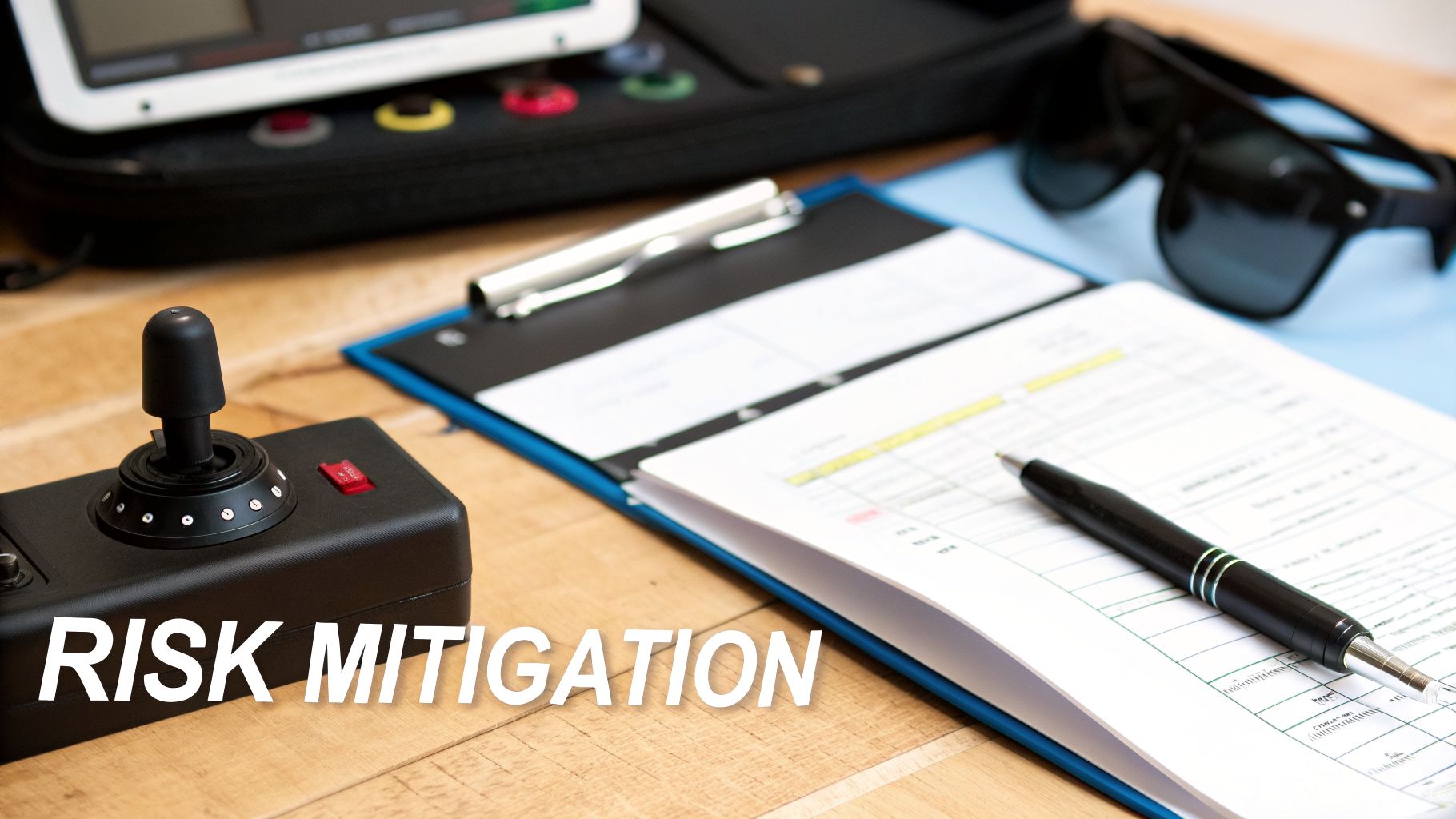 A desk with a joystick controller, documents, pen, and sunglasses, with 'RISK MITIGATION' text overlay.