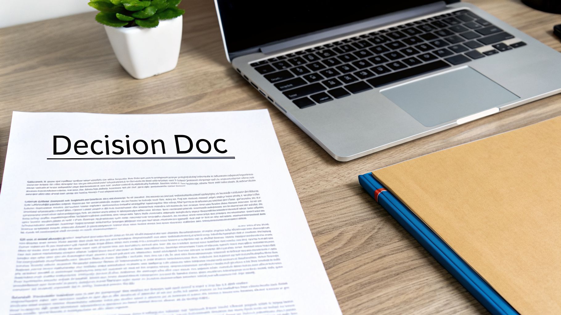 A clear view of a workspace featuring a laptop, a document titled 'Decision Doc', and a notebook.