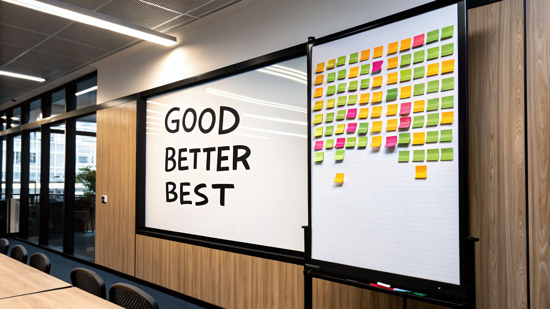 Modern office meeting room with a whiteboard displaying 'GOOD BETTER BEST' and another for brainstorming.