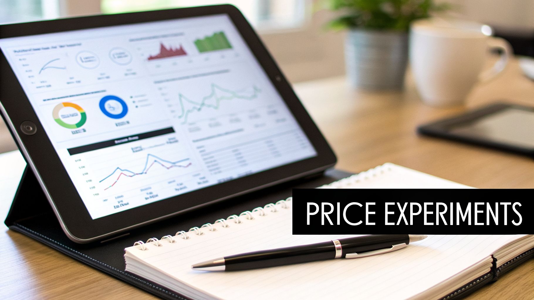 A tablet displays data analytics charts next to a notebook with a pen, with text 'PRICE EXPERIMENTS'.