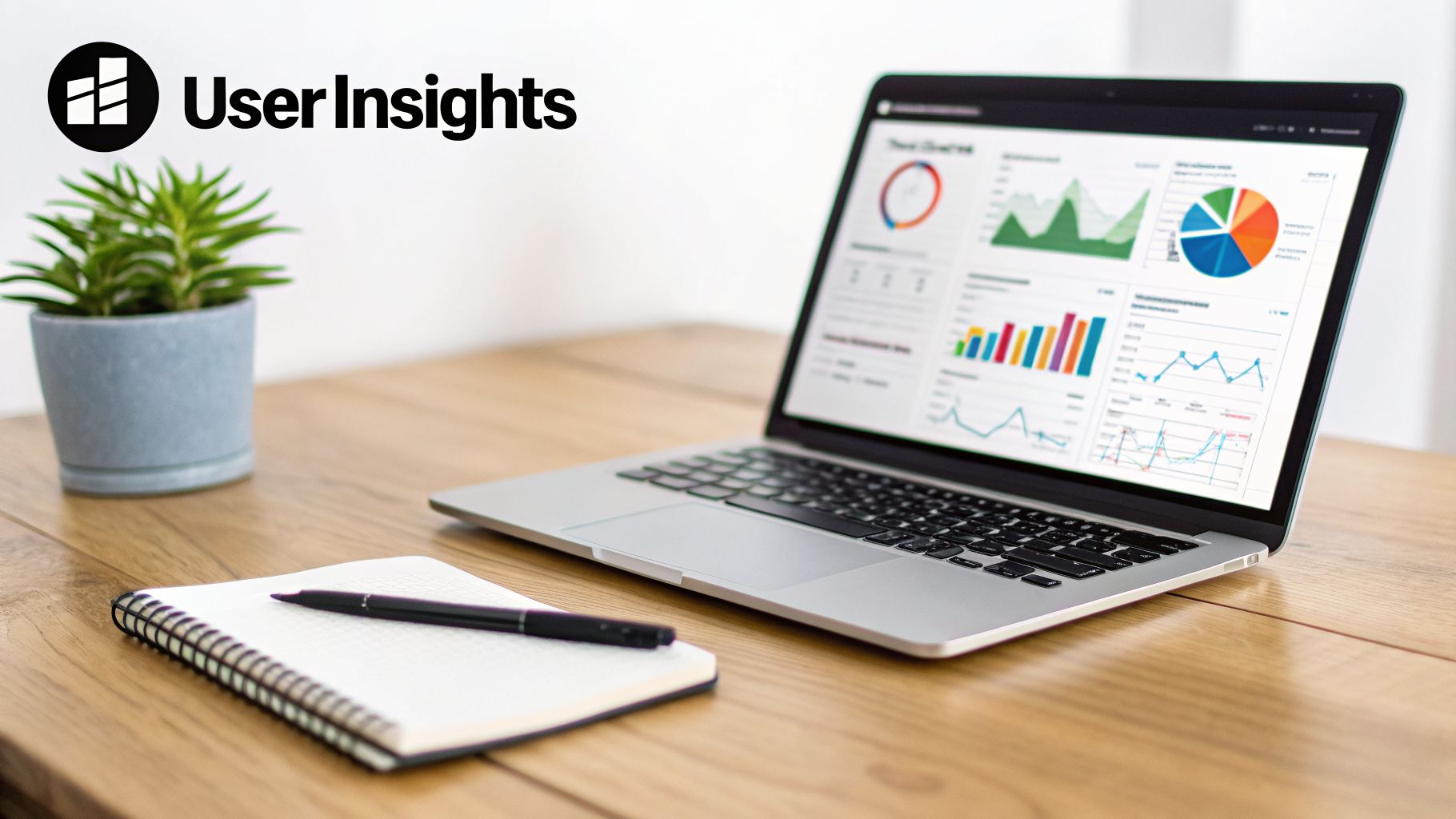 Modern workspace with a laptop displaying user insights and data analytics on a wooden desk.