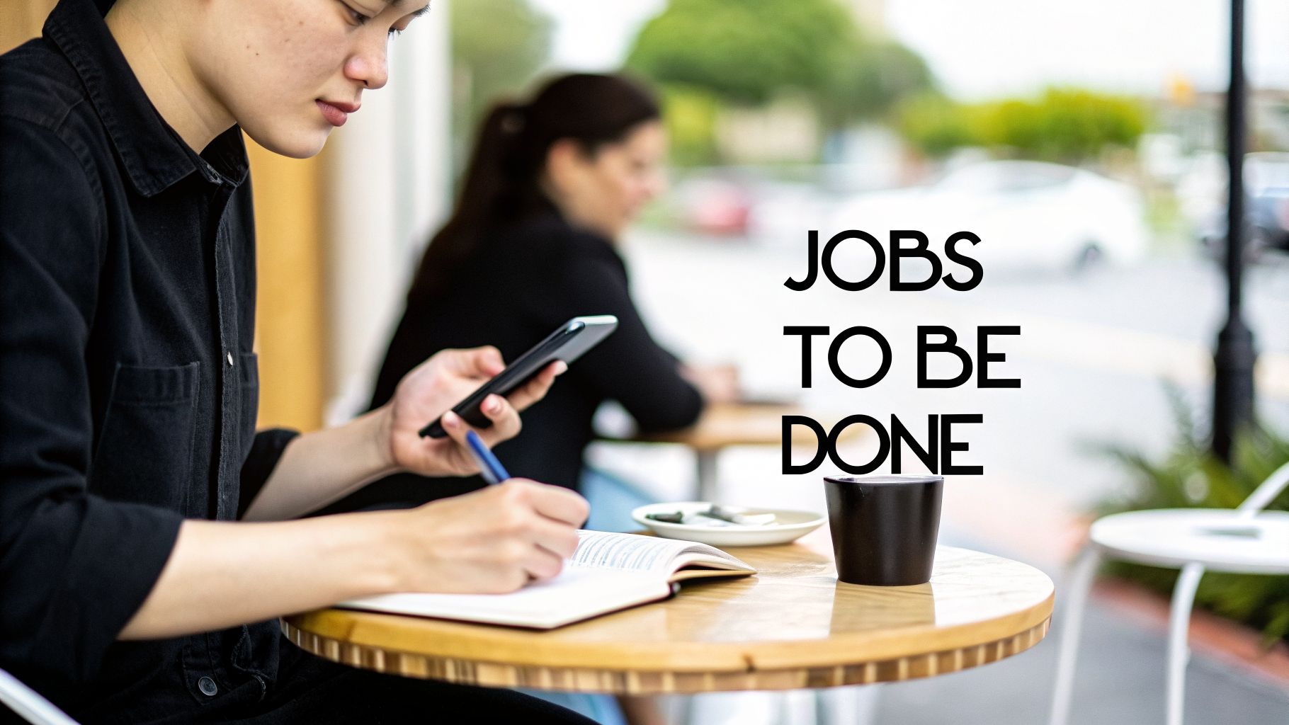 A person writing in a notebook and holding a smartphone at an outdoor cafe table with "JOBS TO BE DONE" text.