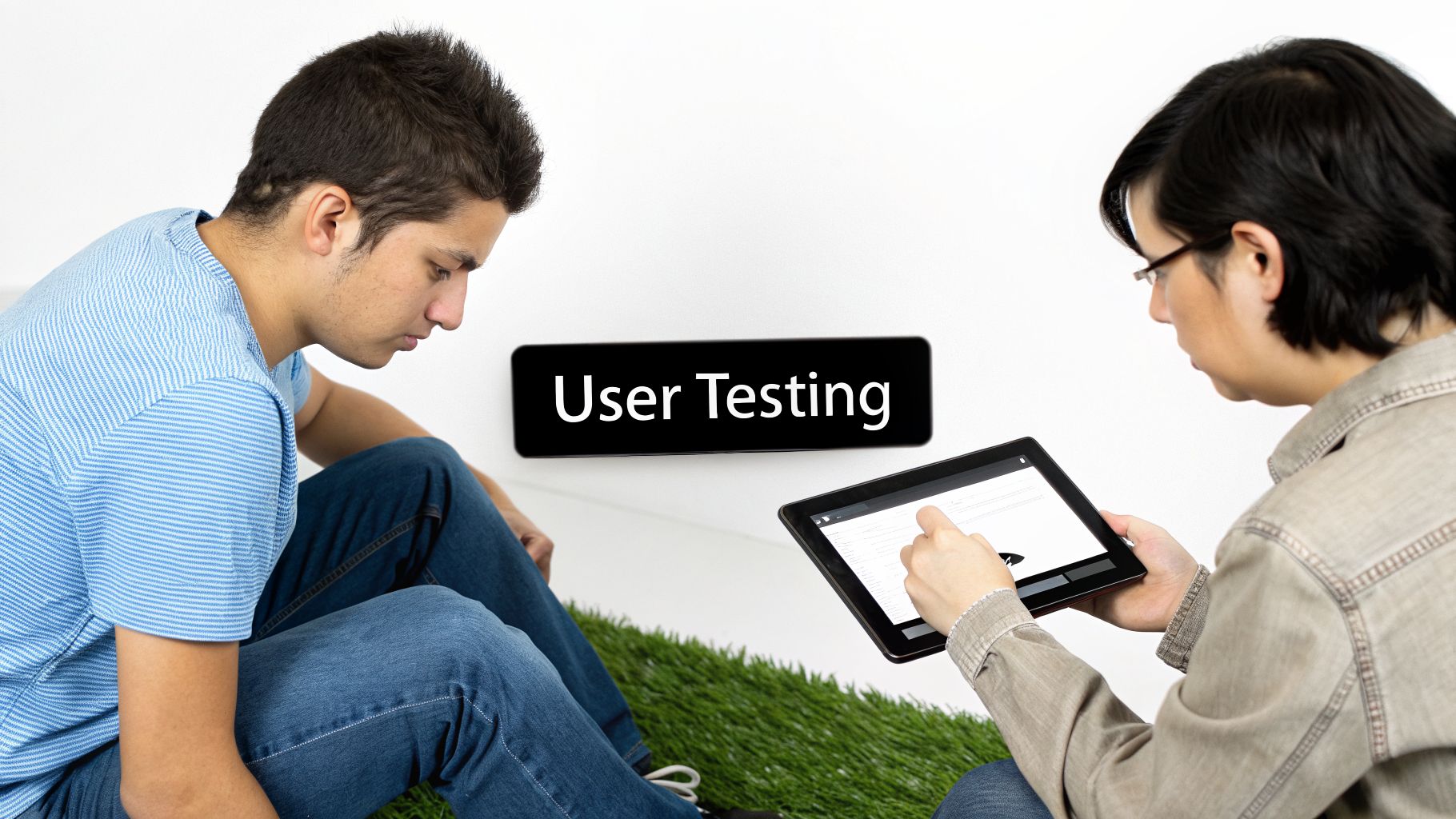 Two young men conduct user testing on a tablet, focusing on product discovery techniques.