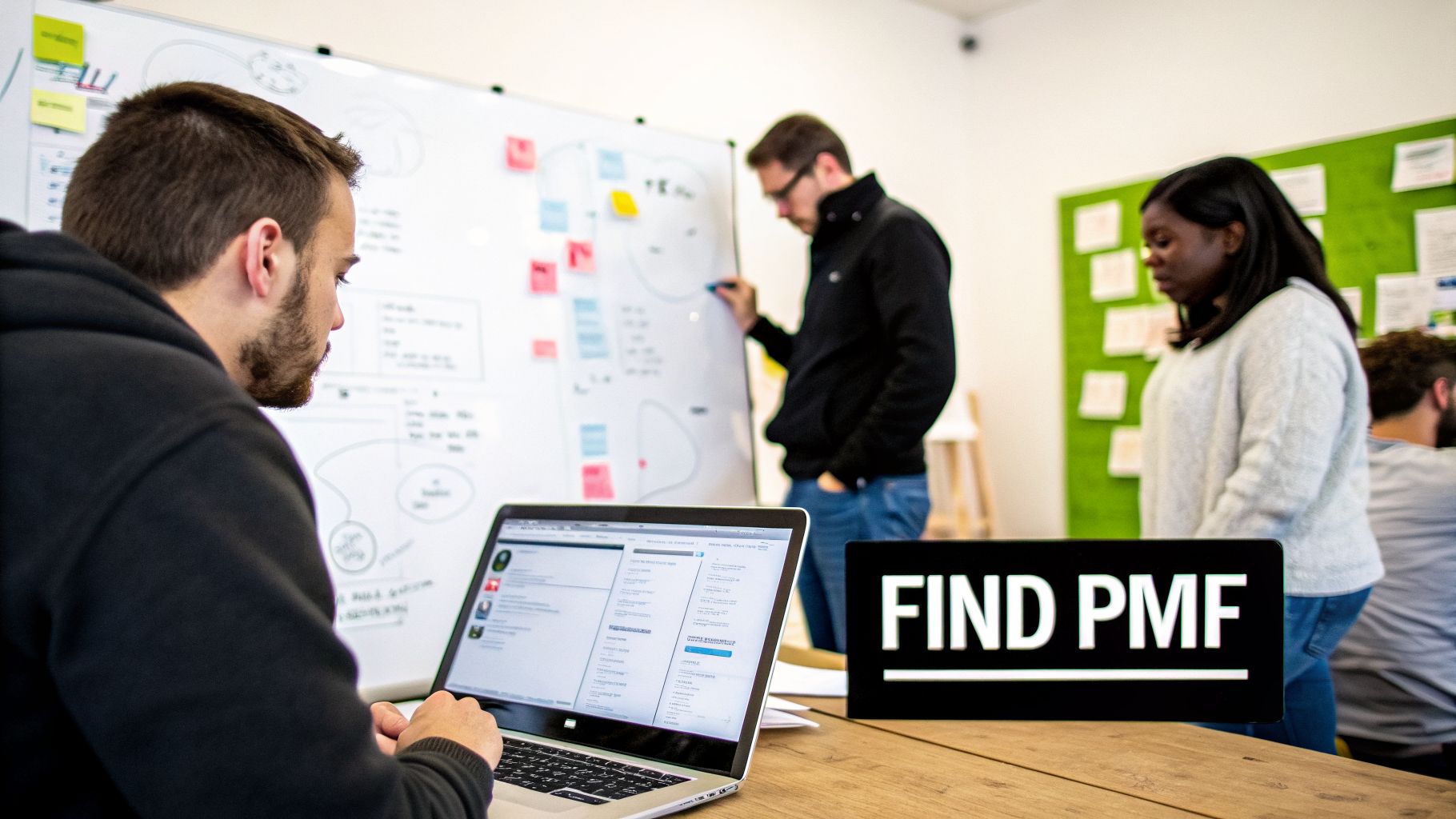 Diverse team collaborating in a modern office, using a laptop and a whiteboard for brainstorming ideas.