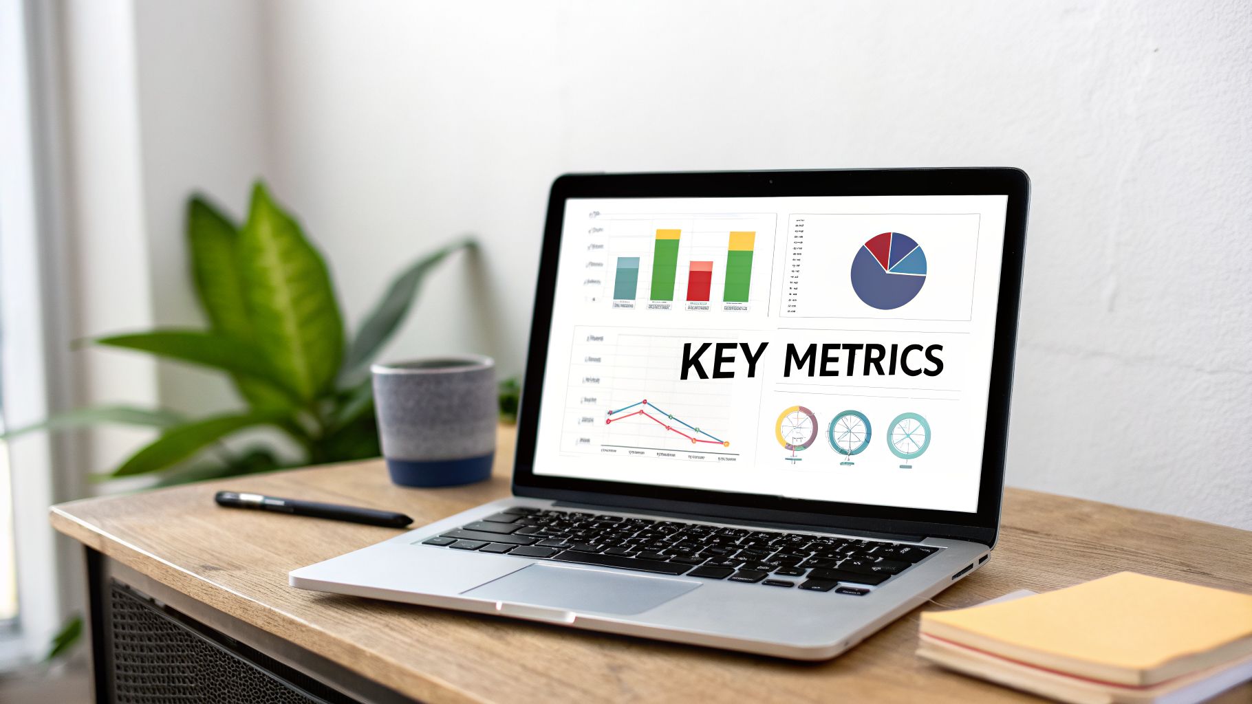 Laptop screen showing 'KEY METRICS' dashboard with various charts on a desk with a plant.