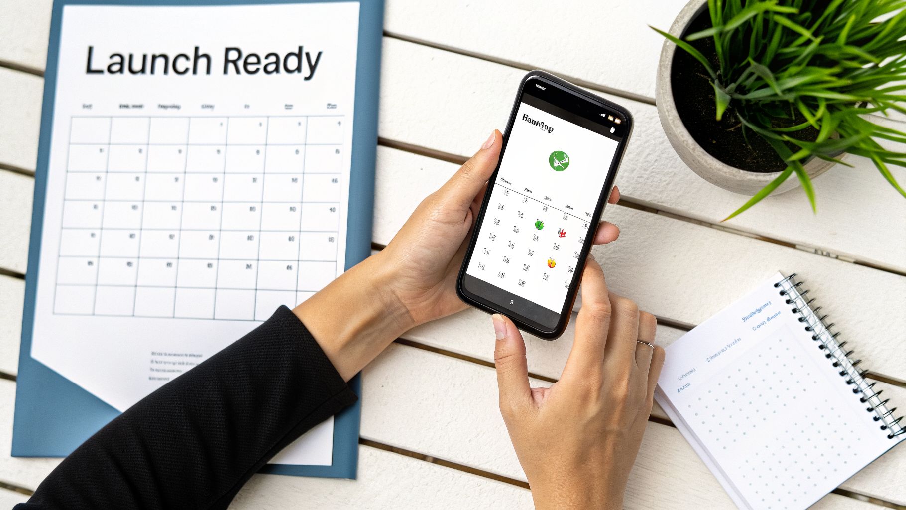 Overhead shot of a person using a smartphone app with a calendar, next to a 'Launch Ready' calendar and notebook.