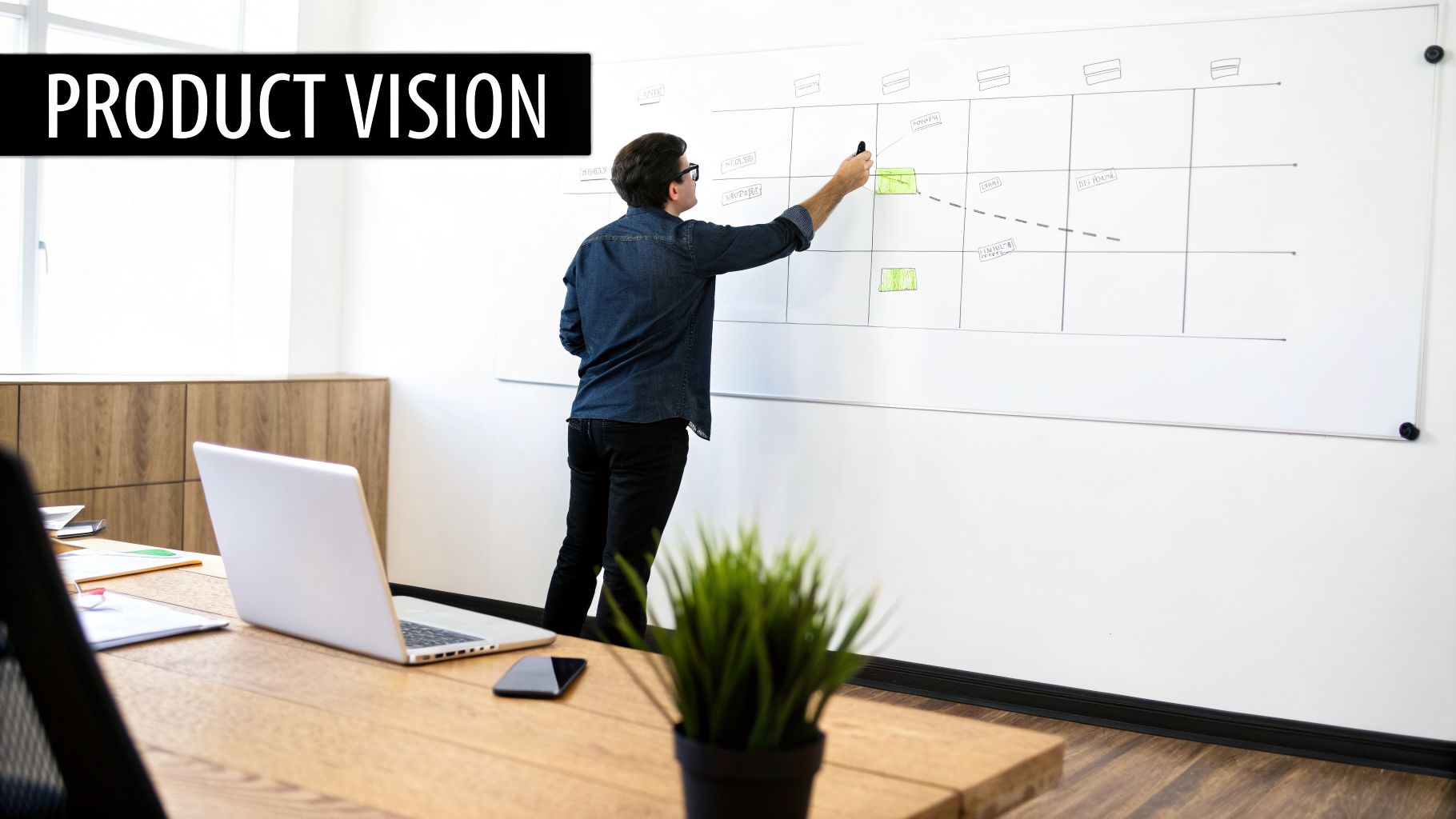 A man in a denim shirt marks a product roadmap on a large whiteboard in an office setting.