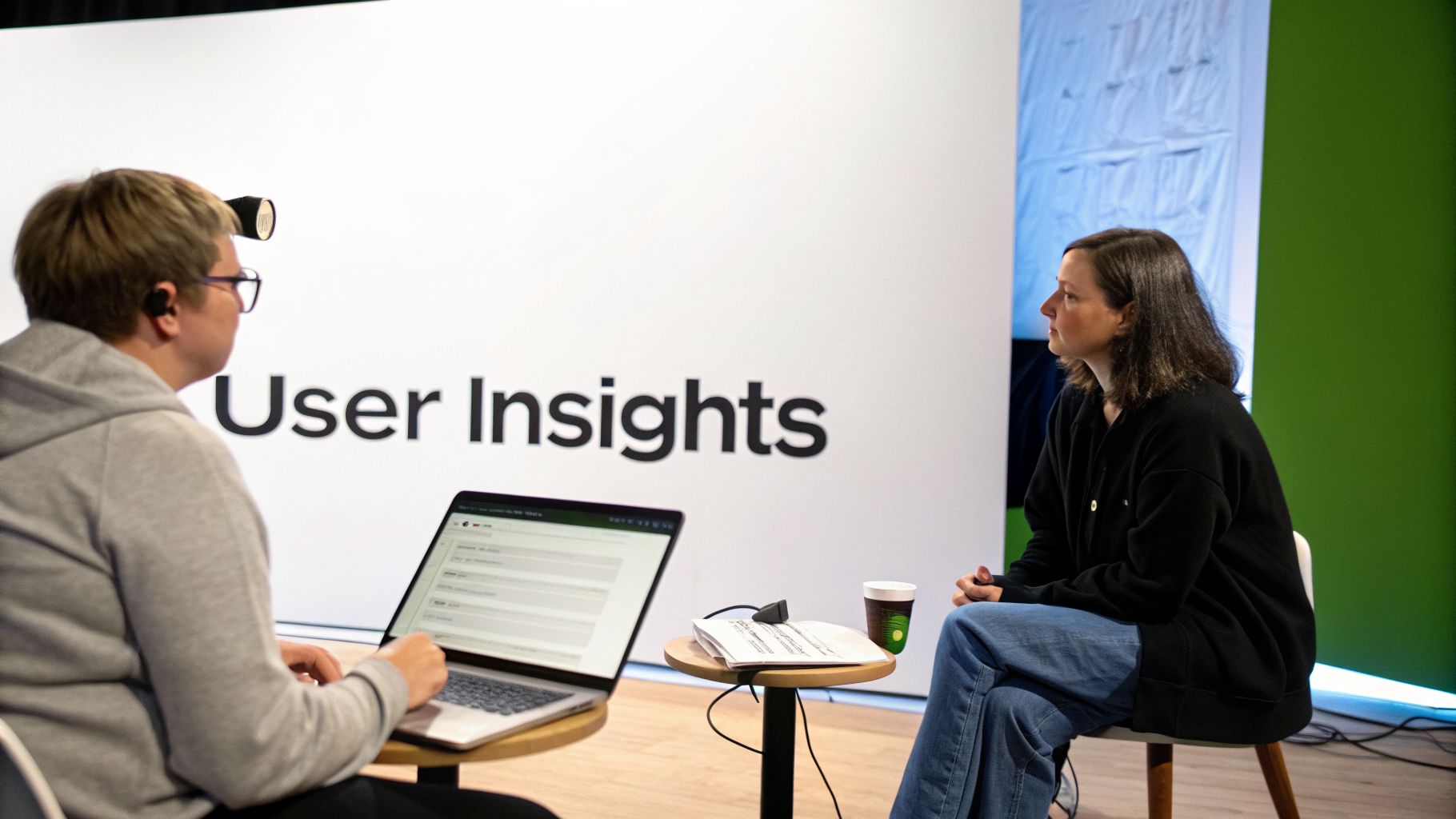 Two individuals in a room with a laptop, one observing, the other engaged with a computer, under "User Insights" text.
