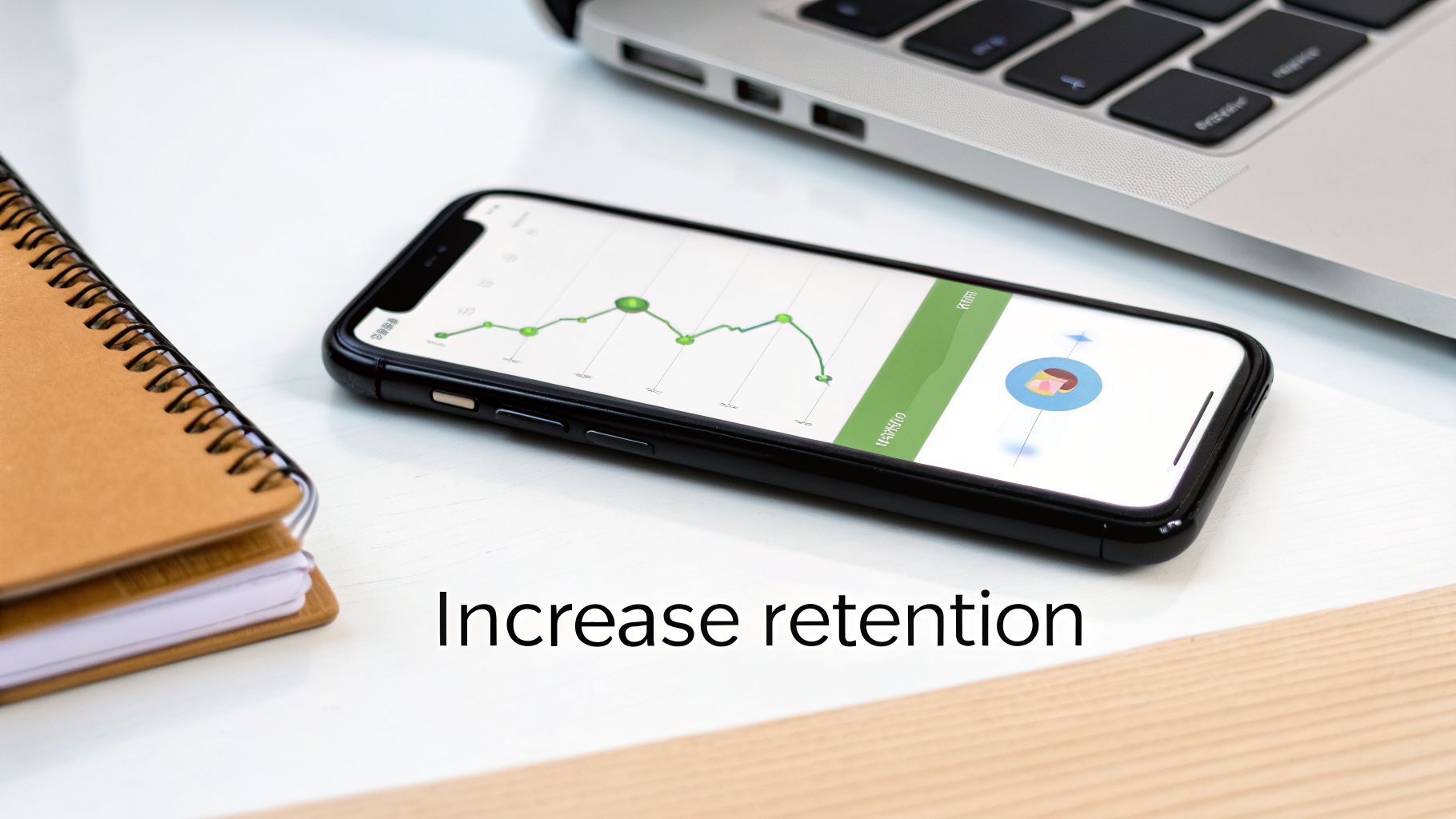 A smartphone displays a green line graph, next to a laptop and notebook, with 'Increase retention' text.