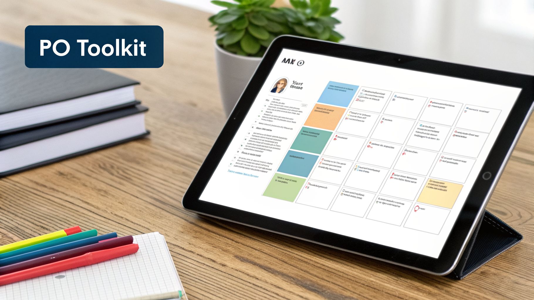 A tablet displays a 'PO Toolkit' dashboard with a profile and colored information cards on a wooden desk.