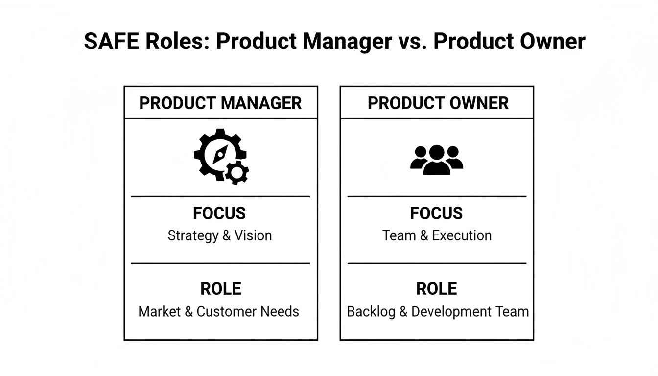 Chart comparing SAFE Product Manager focused on strategy and vision, with Product Owner focused on team and execution.