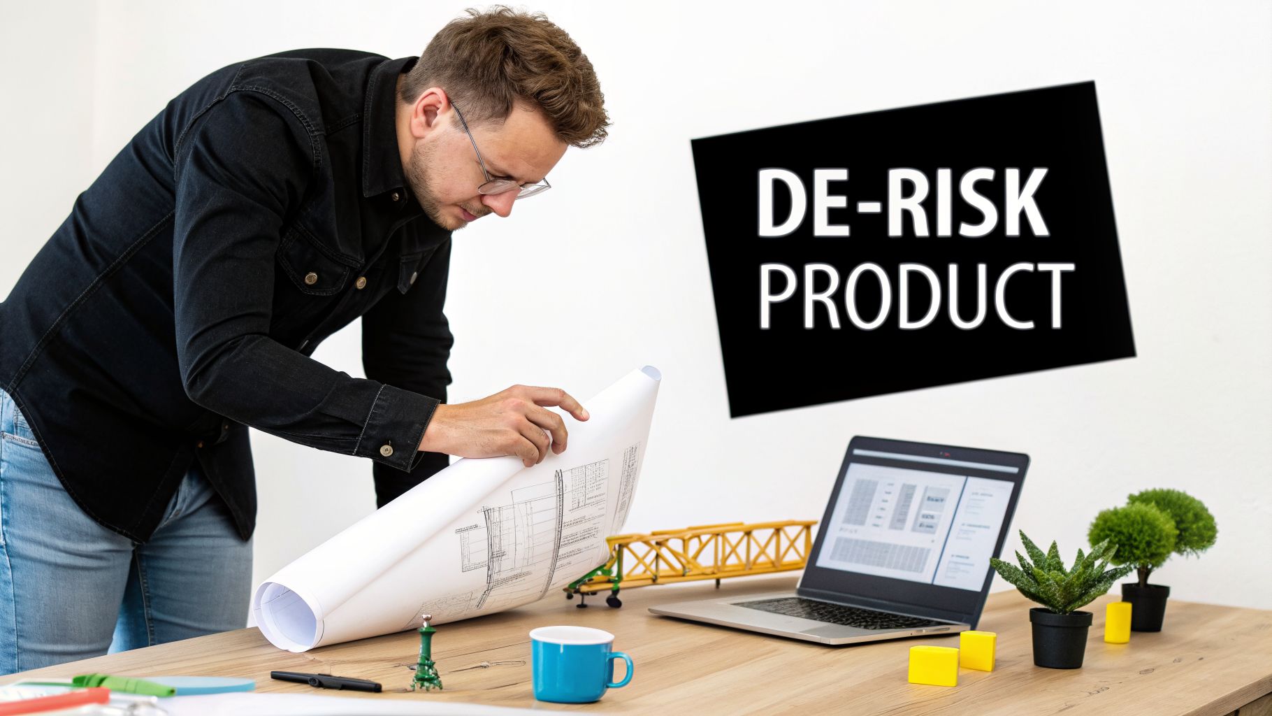 An engineer de-risks a product design, examining blueprints on a desk with a laptop.