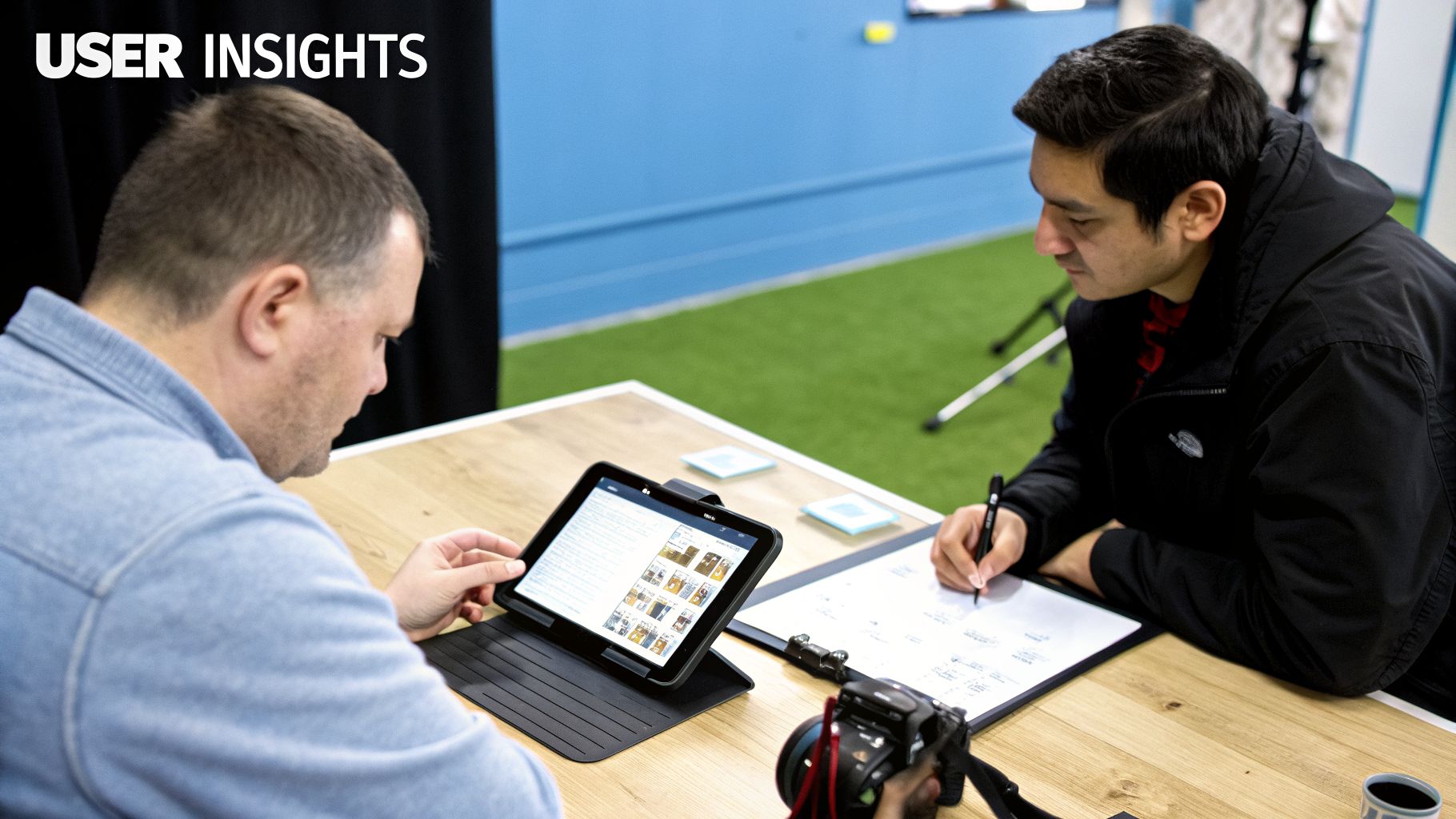 Two men collaborating at a table with a tablet and notes, discussing user insights for product development.