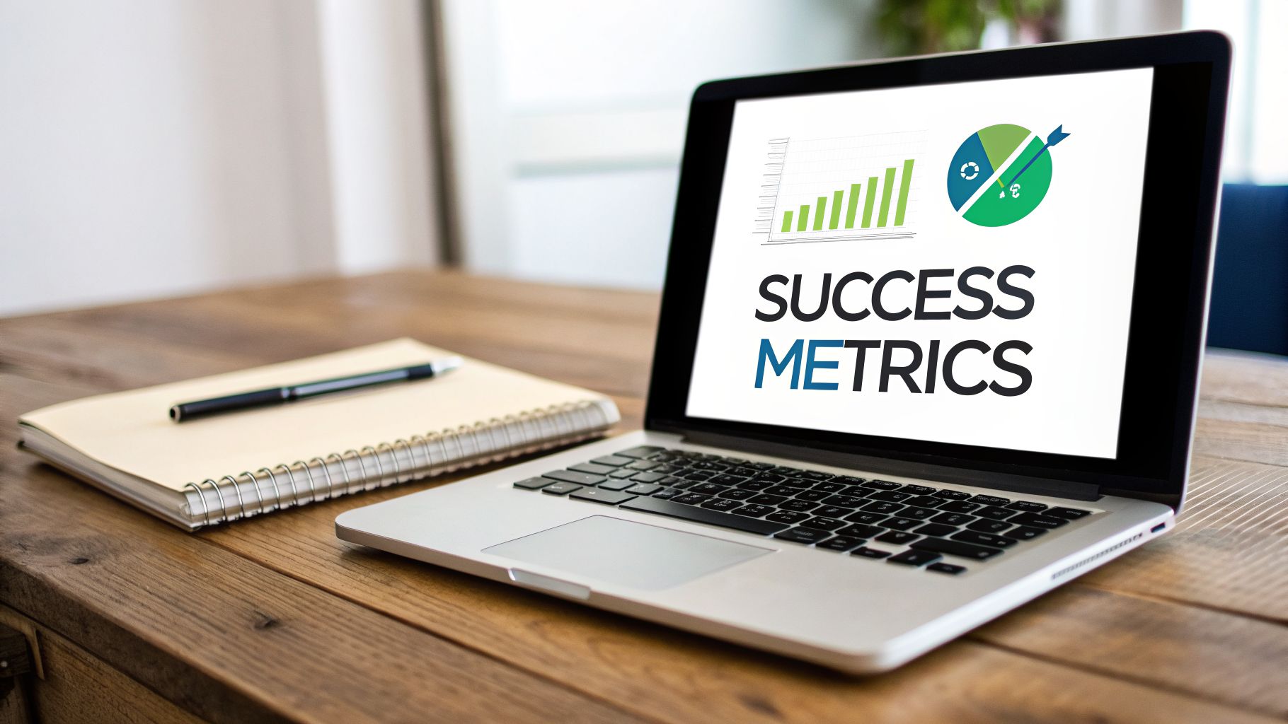 A laptop on a wooden desk displays 'SUCCESS METRICS' with charts, next to a notebook and pen.