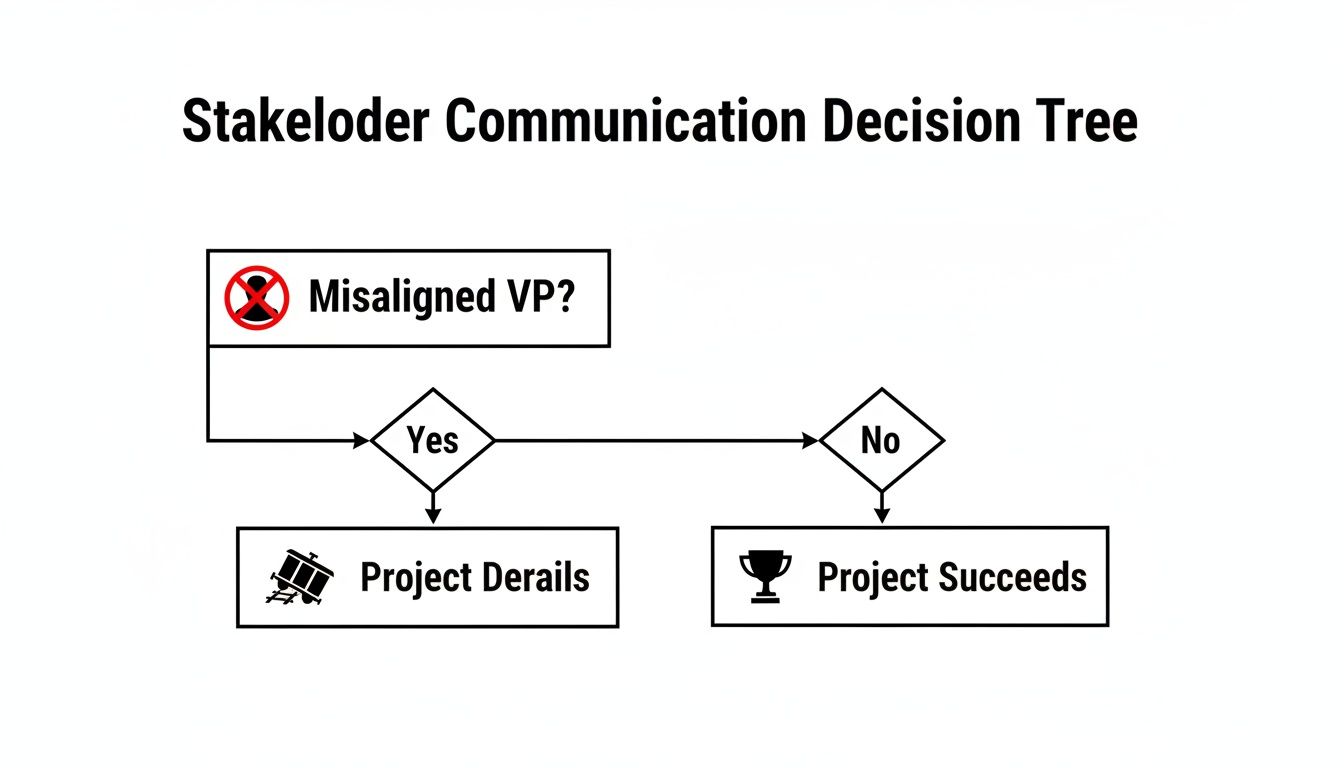 A stakeholder communication decision tree flowchart illustrating how a misaligned VP derails projects, while no misalignment leads to project success.