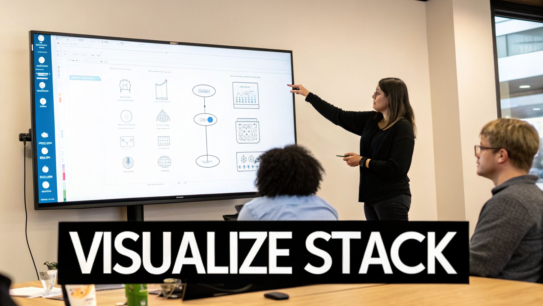 A woman explains a tech stack diagram on a large screen to colleagues in an office setting.