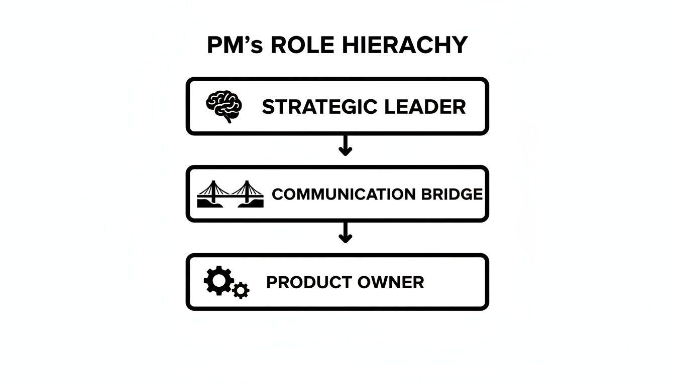 A diagram illustrating the Product Manager's role hierarchy, detailing Strategic Leader, Communication Bridge, and Product Owner.