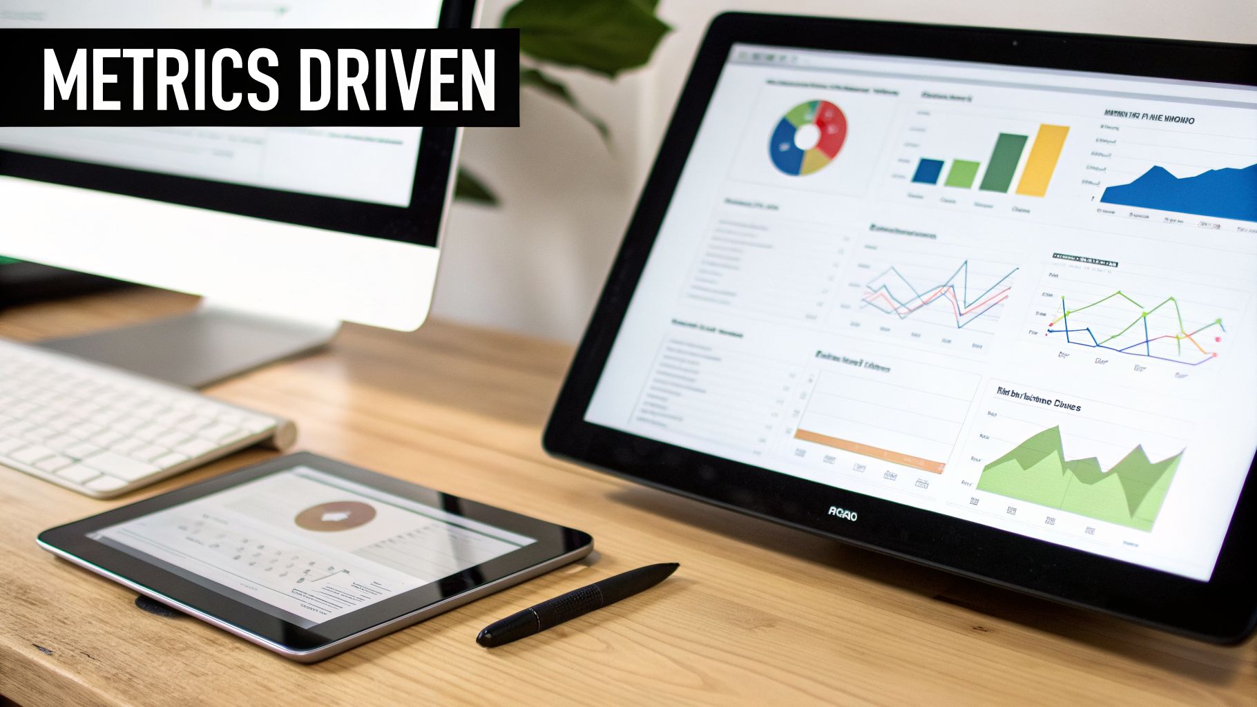 A desk setup showing a computer monitor with 'METRICS DRIVEN', a large tablet displaying various data charts and graphs, and a smaller tablet with a pen, illustrating data-driven decision-making.