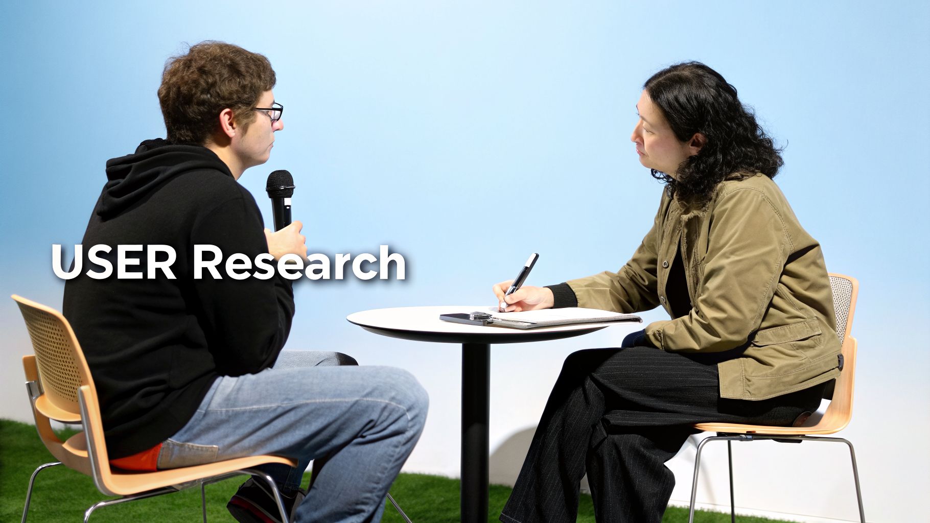 Two people, a male holding a microphone and a female taking notes, conducting user research at a table.
