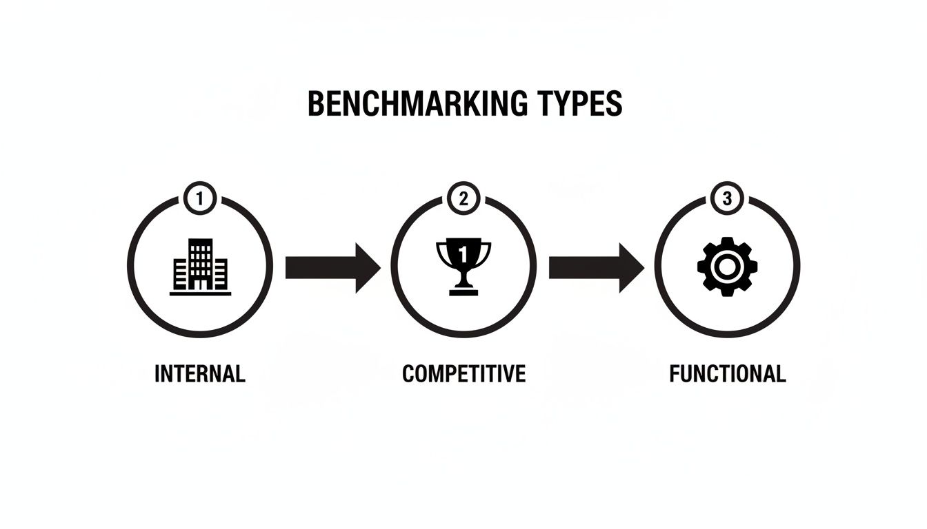 Diagram showing benchmarking types: Internal, Competitive, and Functional processes with corresponding icons.