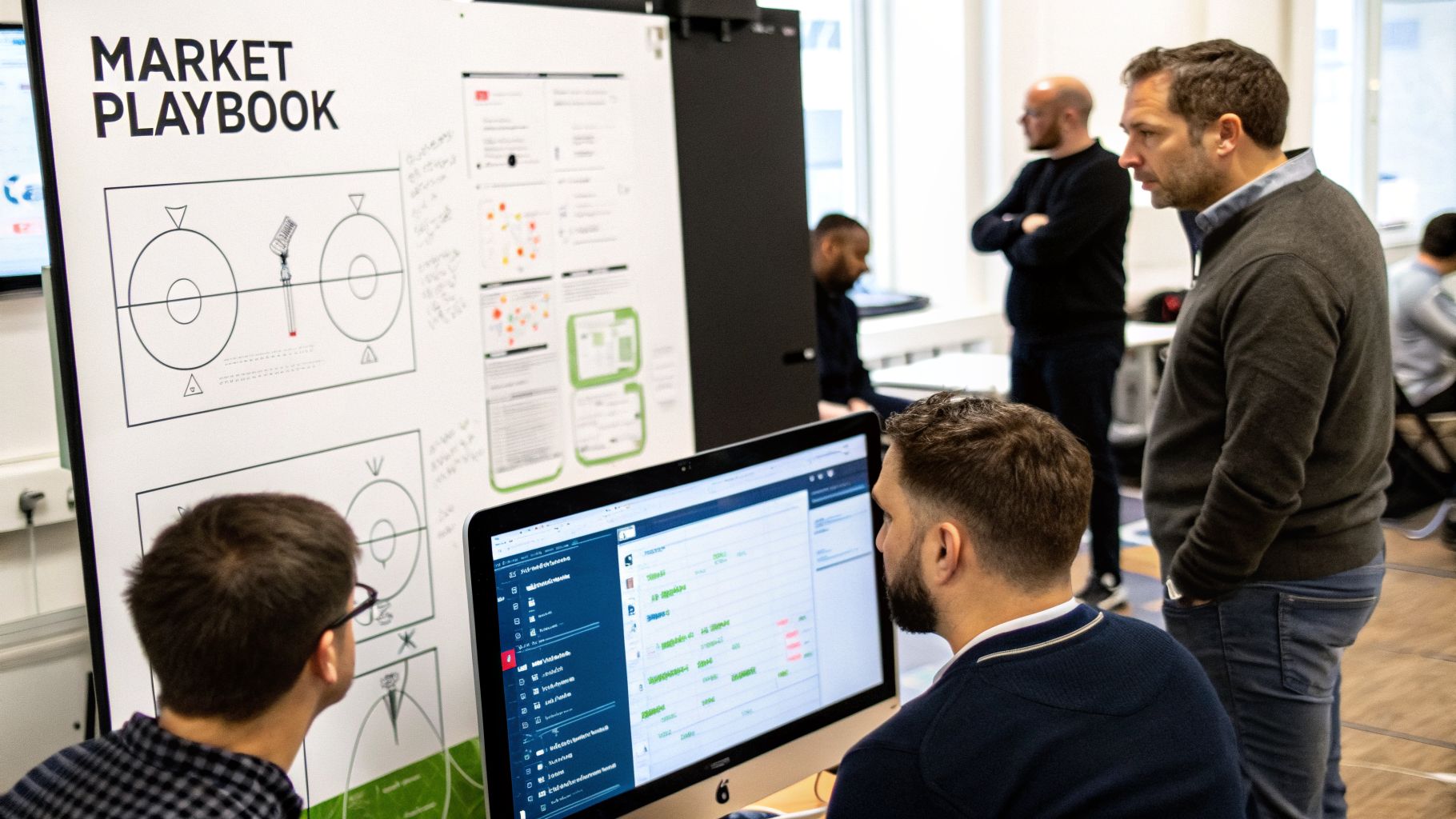Professionals in an office collaborate, reviewing a 'Market Playbook' strategy board and data on a computer.