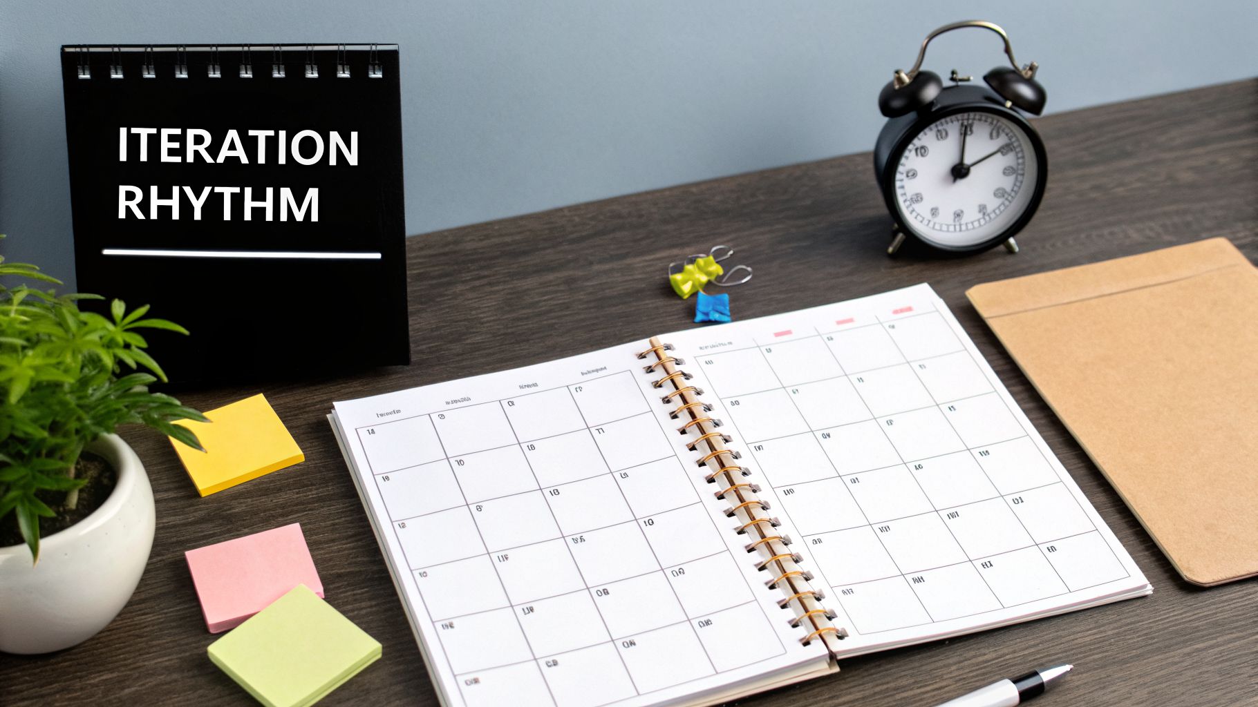 A desk setup with a 'Iteration Rhythm' sign, an open calendar, alarm clock, and colorful sticky notes.