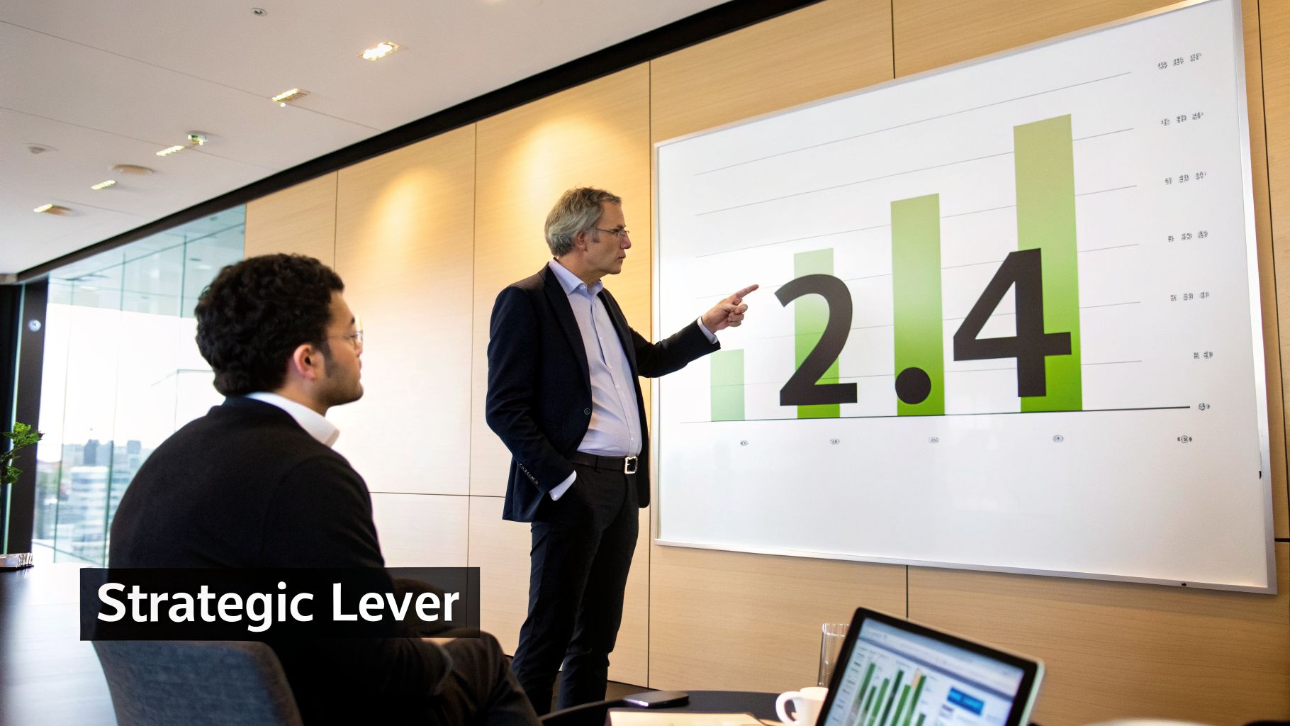 Businessman presenting financial data with a bar chart showing numbers 2 and 4 to a colleague.