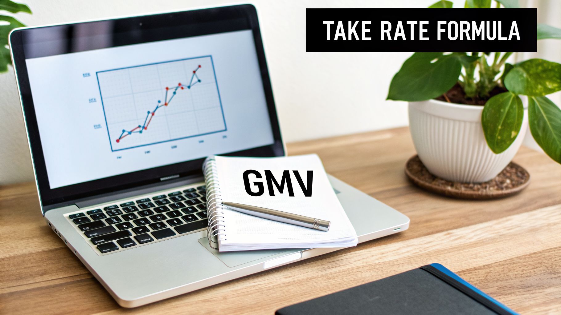 Laptop displaying financial graph, a notebook with 'GMV', and 'TAKE RATE FORMULA' text on a desk.