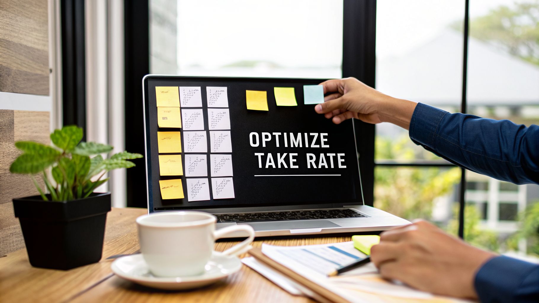 Hands optimizing take rate on a laptop screen covered with brainstorming sticky notes.