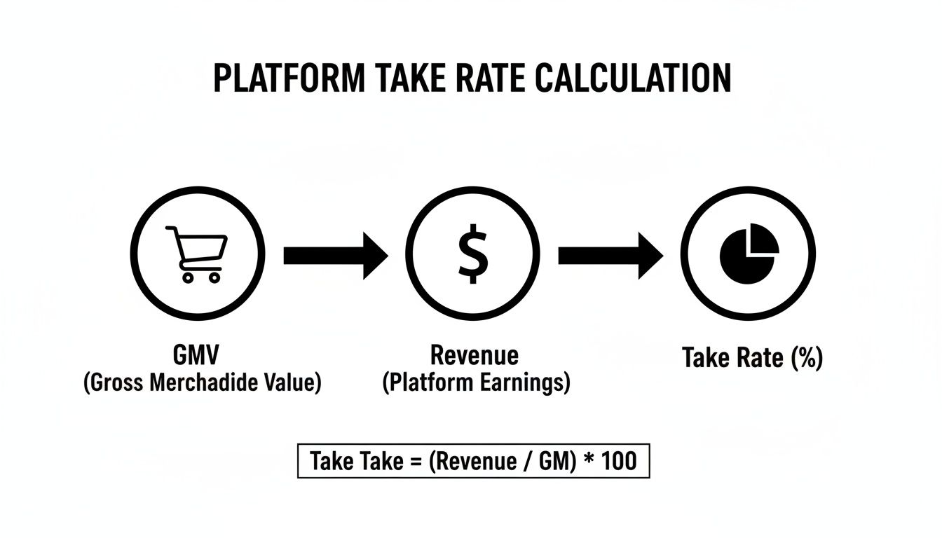 Diagram illustrating platform take rate calculation: GMV to Revenue to Take Rate, with formula (Revenue / GMV) * 100.
