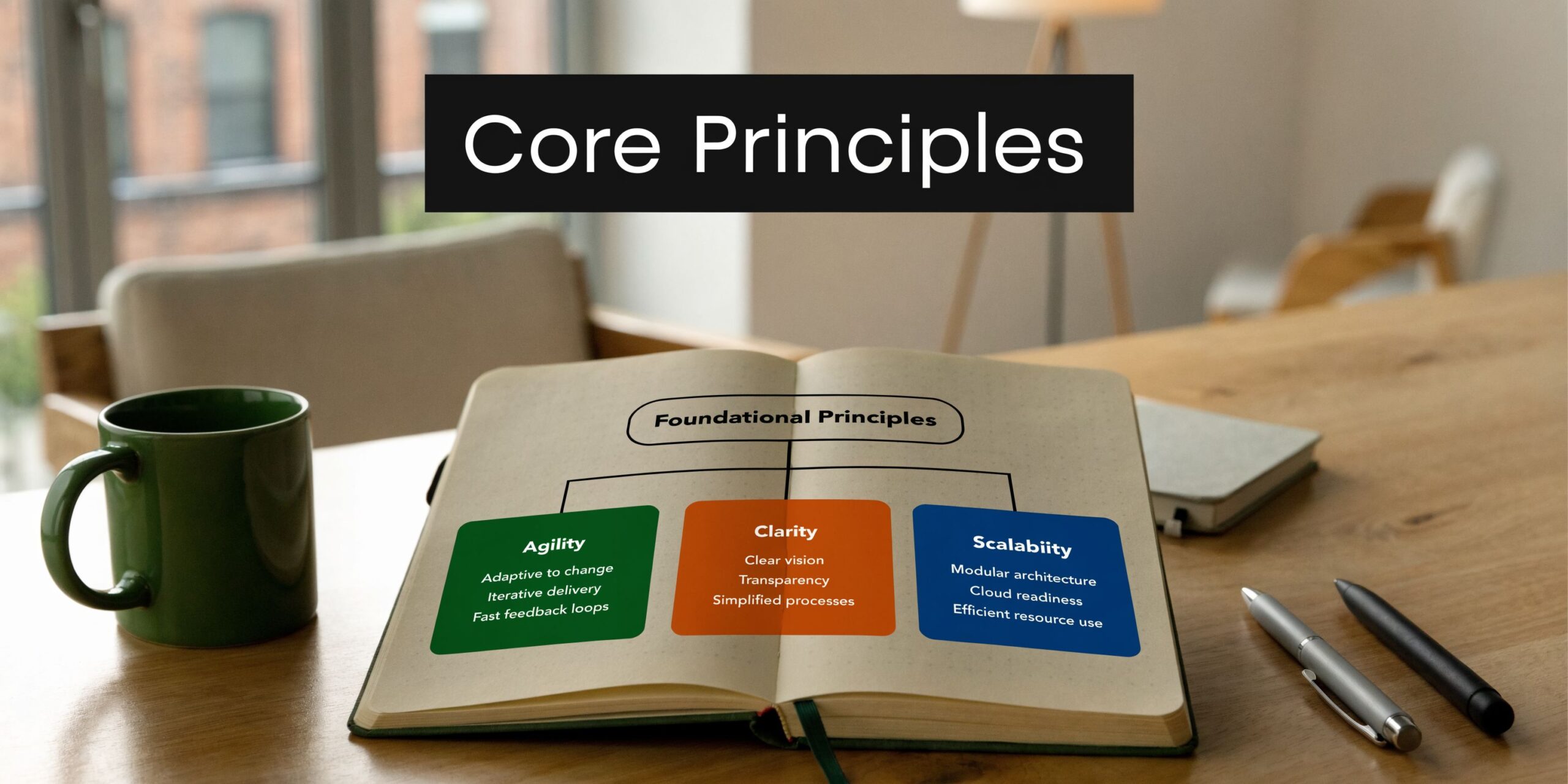 An open notebook on a wooden desk featuring a diagram of foundational principles: Agility, Clarity, and Scalability.