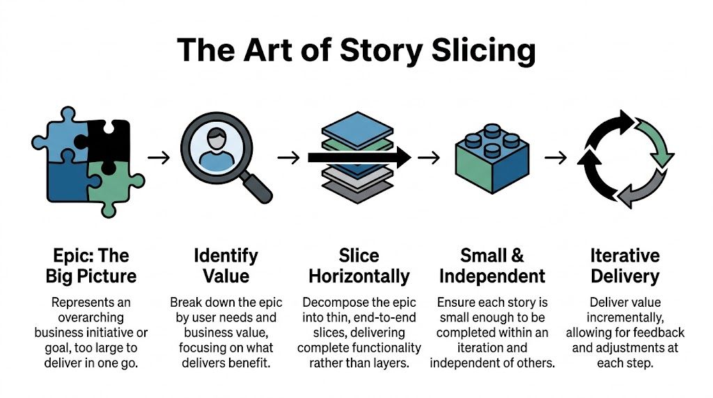 A diagram illustrating the Agile story slicing process, moving from an epic to iterative delivery steps.