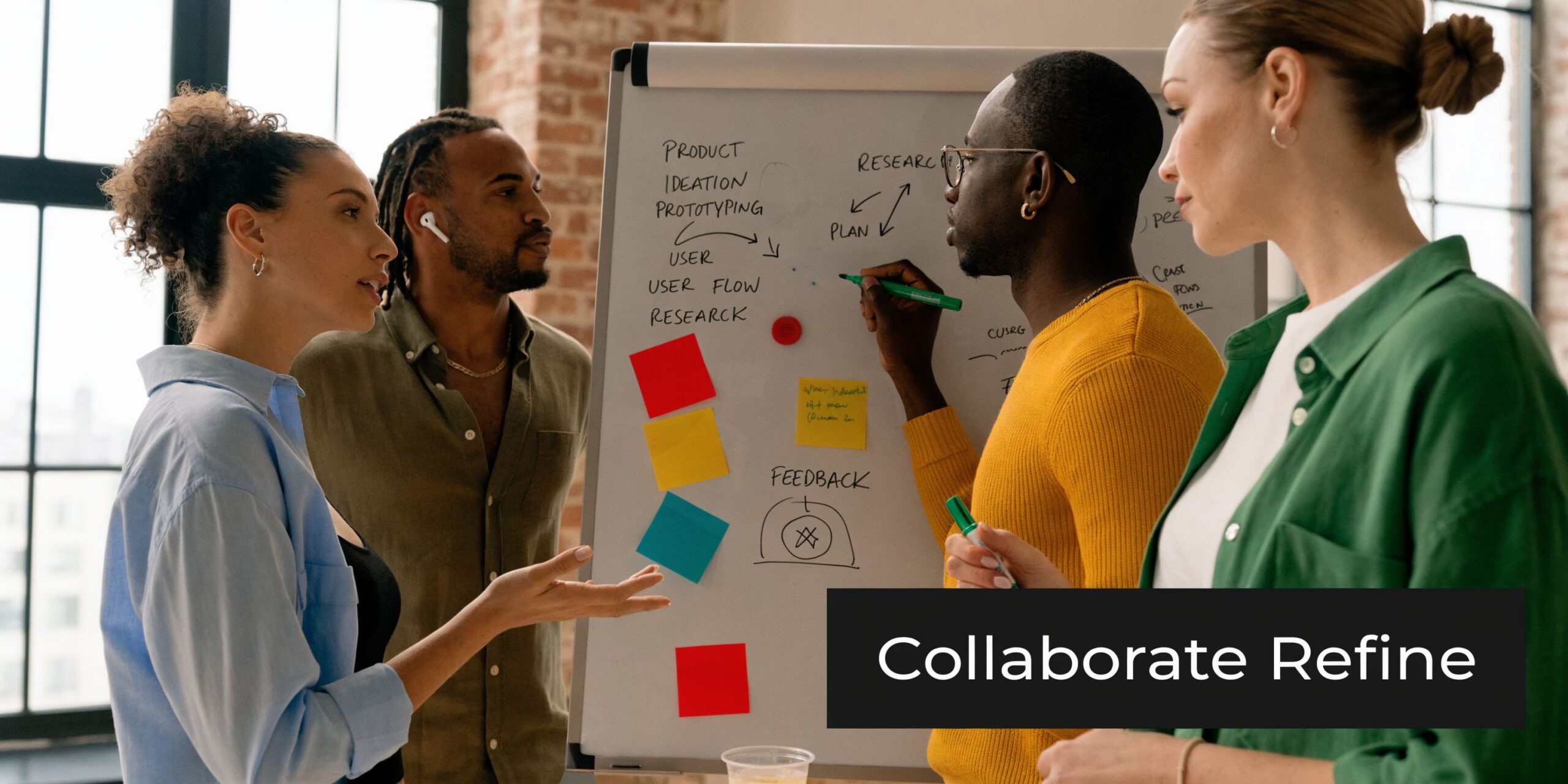 A diverse team of professionals brainstorming product development strategies on a whiteboard in an office setting.