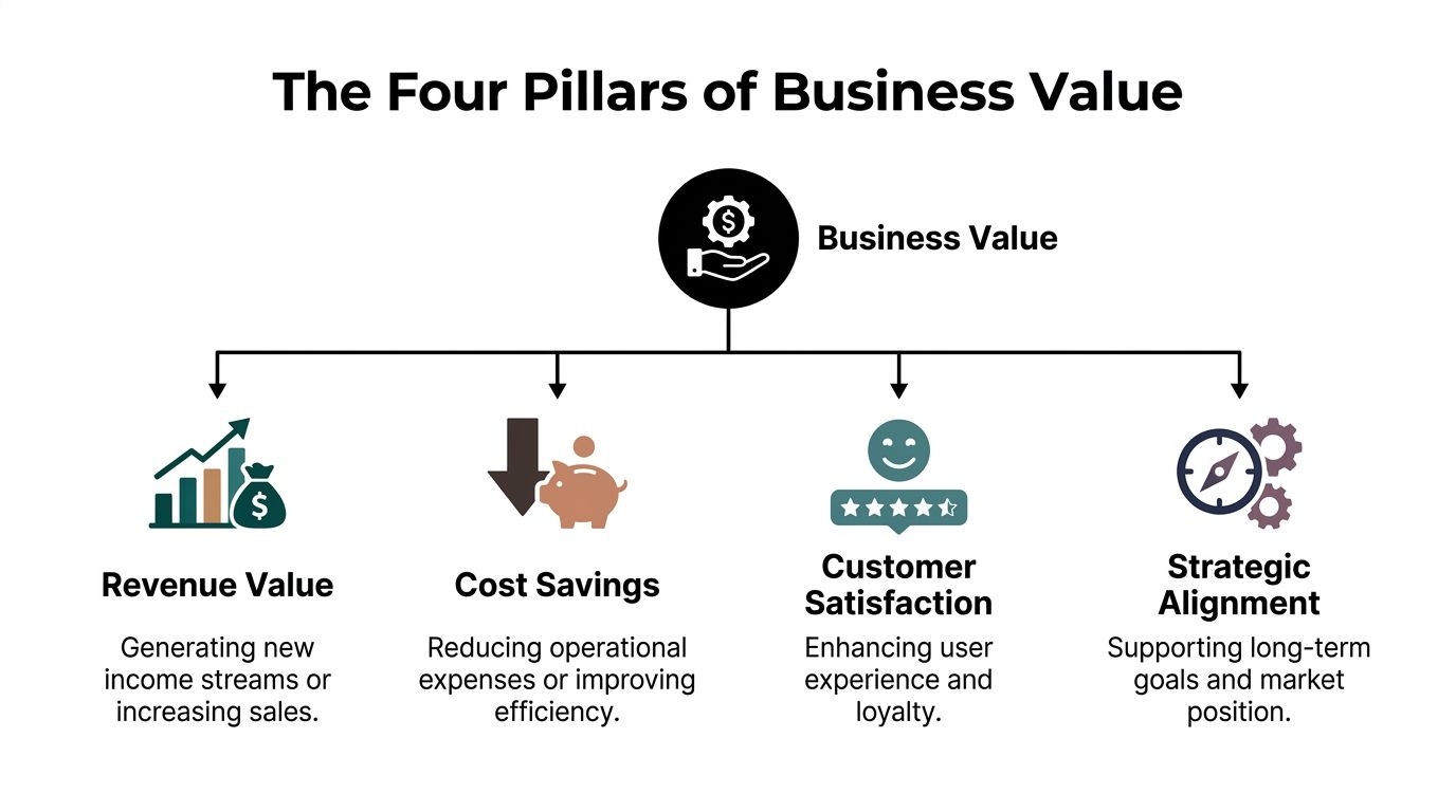 An infographic titled The Four Pillars of Business Value, displaying Revenue, Cost Savings, Customer Satisfaction, and Strategic Alignment.
