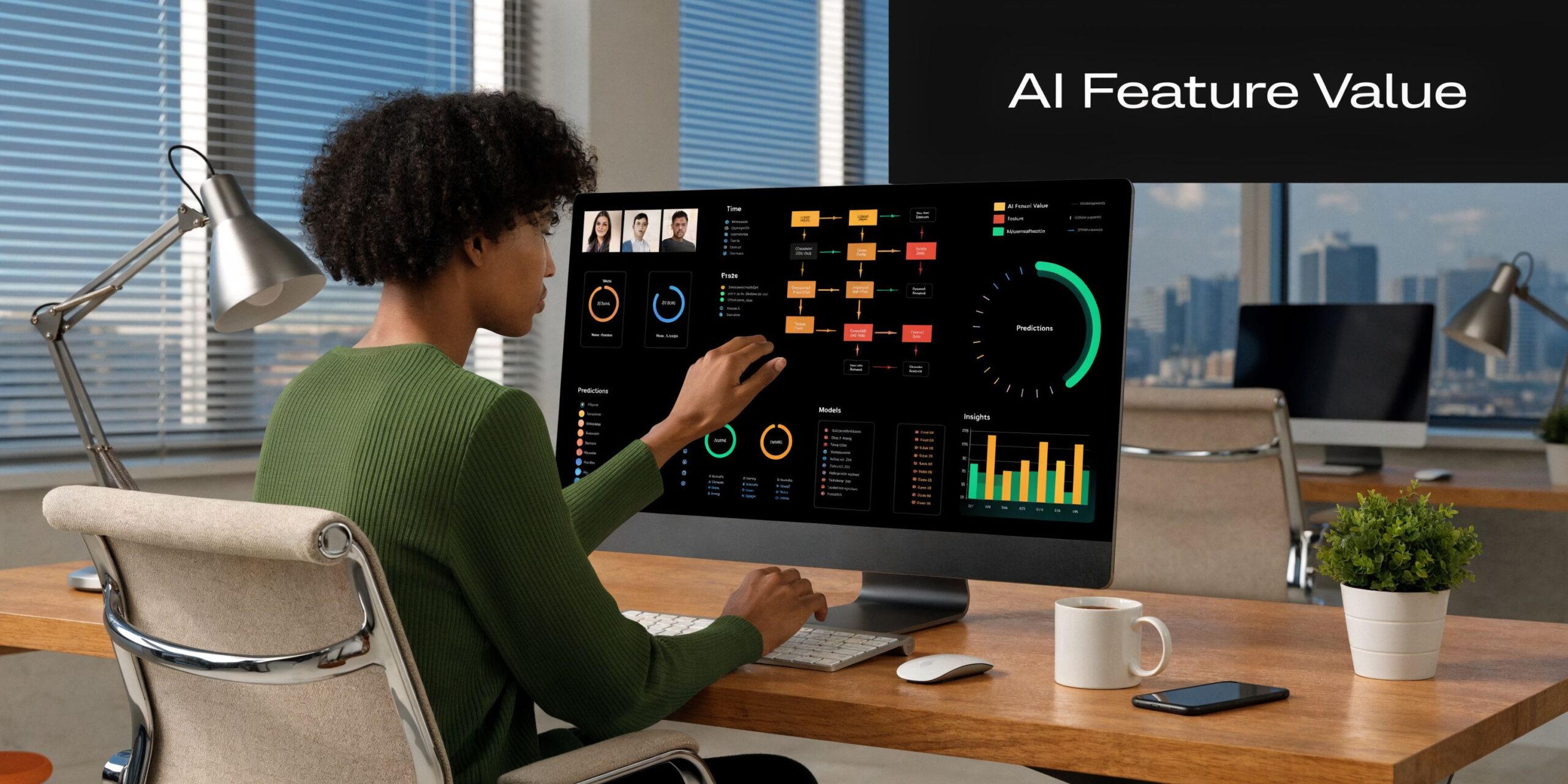 A professional woman interacting with a futuristic dashboard showing business data analytics in a modern office setting.