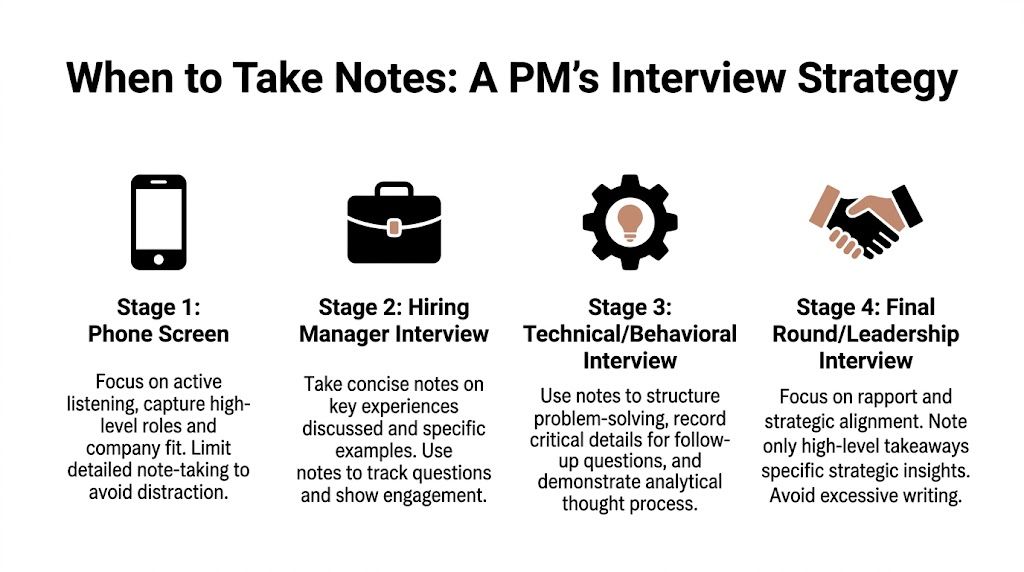 An infographic titled When to Take Notes: A PM's Interview Strategy outlining note-taking approaches for four interview stages.